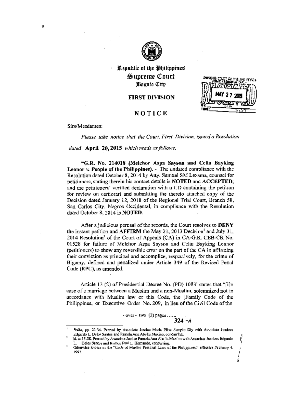 Sayson v. People (GR No. 214018) - Court Resolution Summary - Studocu
