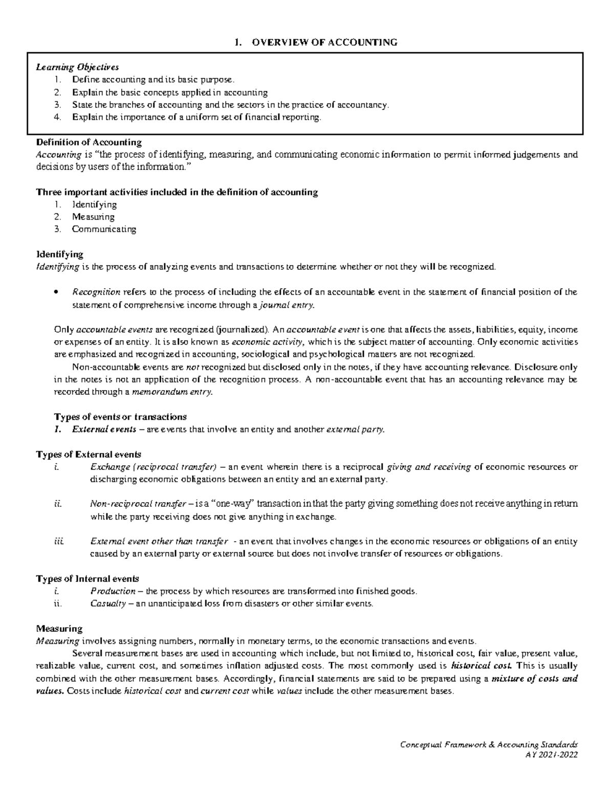 Overview of Accounting Concepts and Standards - ACCT 101 - Studocu