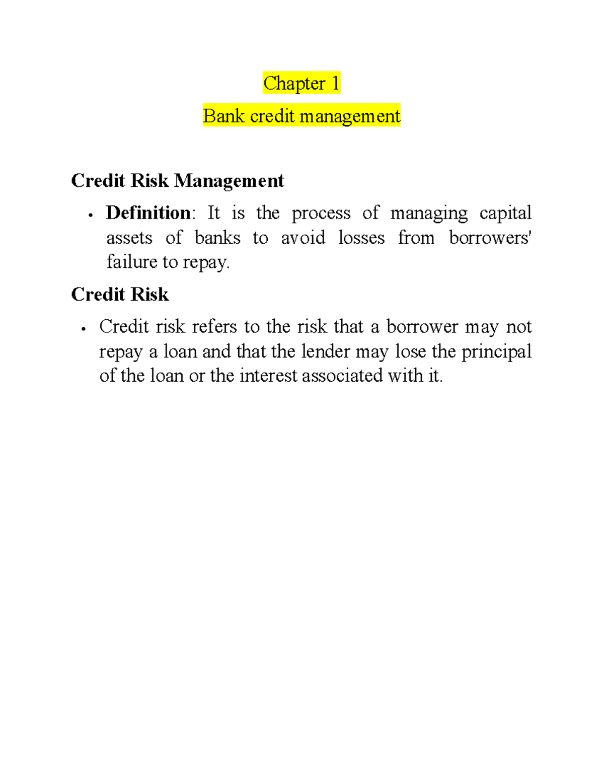 Chapter 1: Bank Credit Management & Credit Risk Analysis (FIN 101 ...