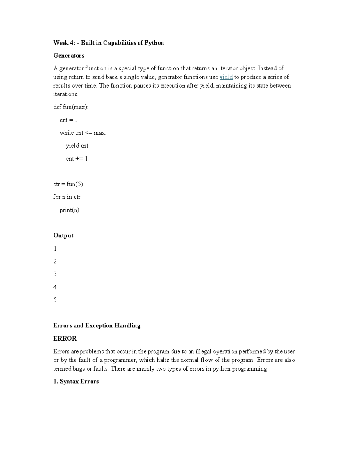 Week 4: Python Generators, Errors, and File Handling Concepts - Studocu
