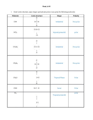 Worksheet 10 - Draw Lewis structure, name shapes and indicate polar or ...