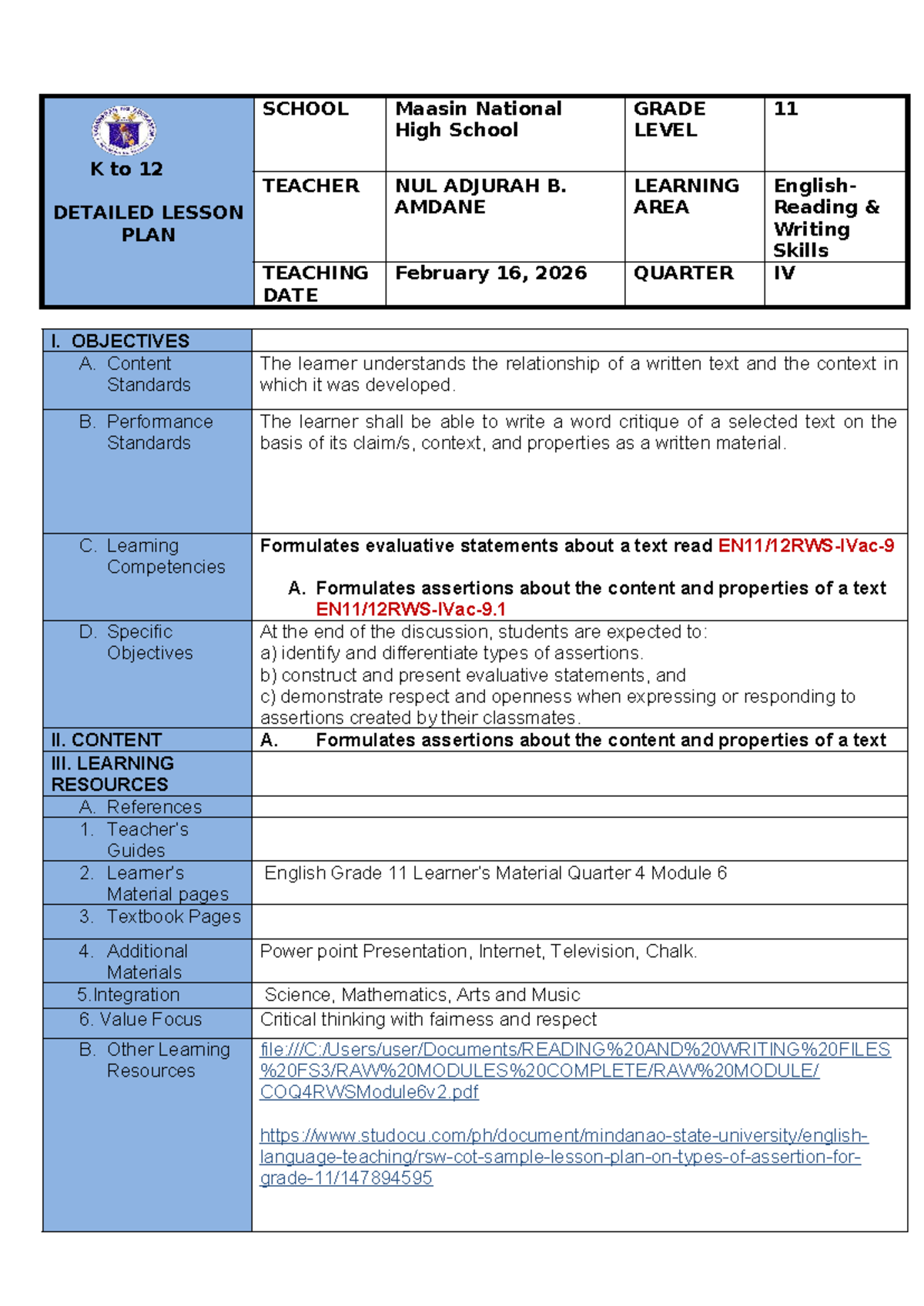 Detailed Lesson Plan: English Grade 11 - Assertions (Quarter 4) - Studocu