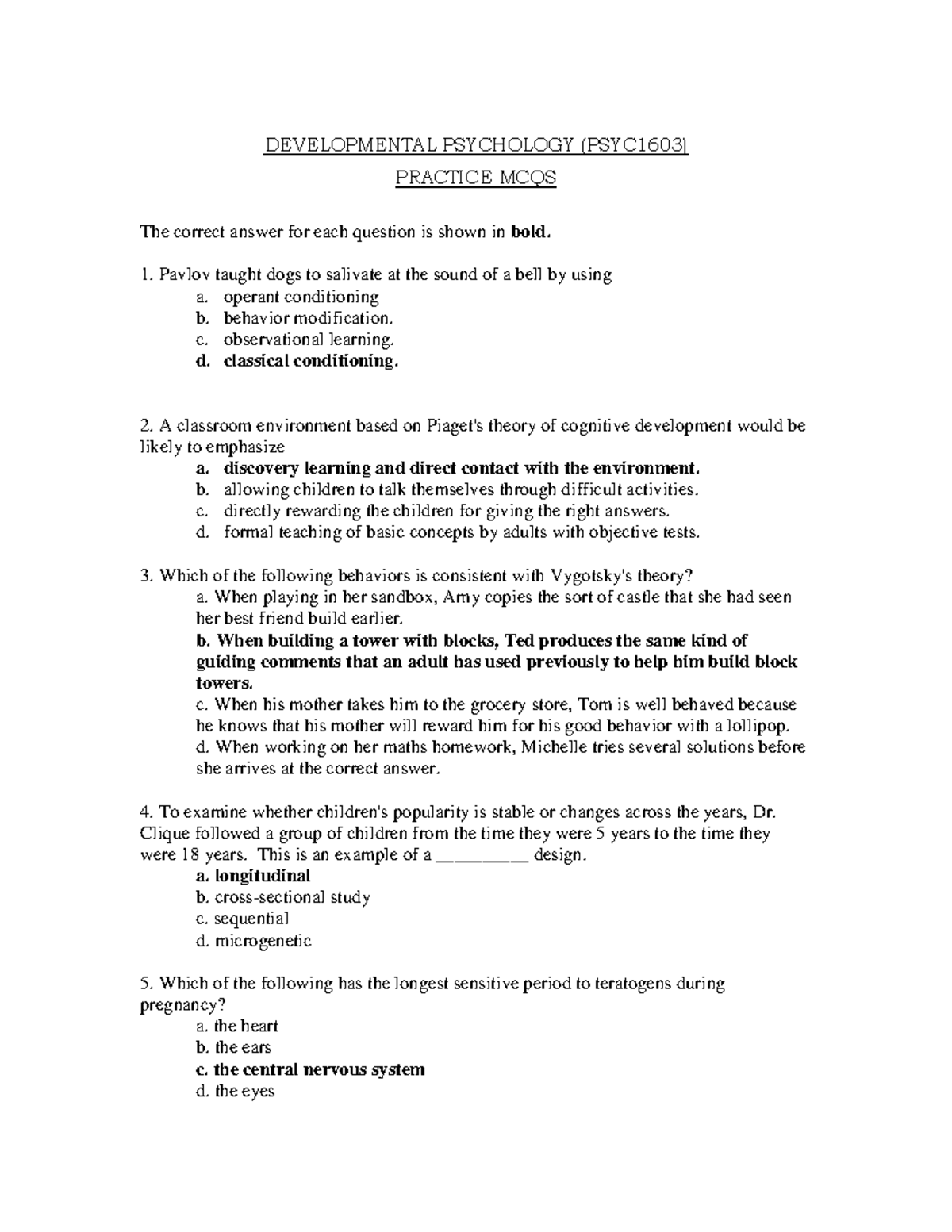 PSYC1603 Practice MCQs with Correct Answers in Developmental Psychology ...
