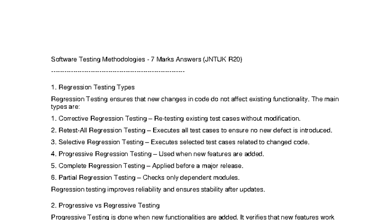 Software Testing Methodologies: 7 Marks Answers (JNTUK R20) - Studocu