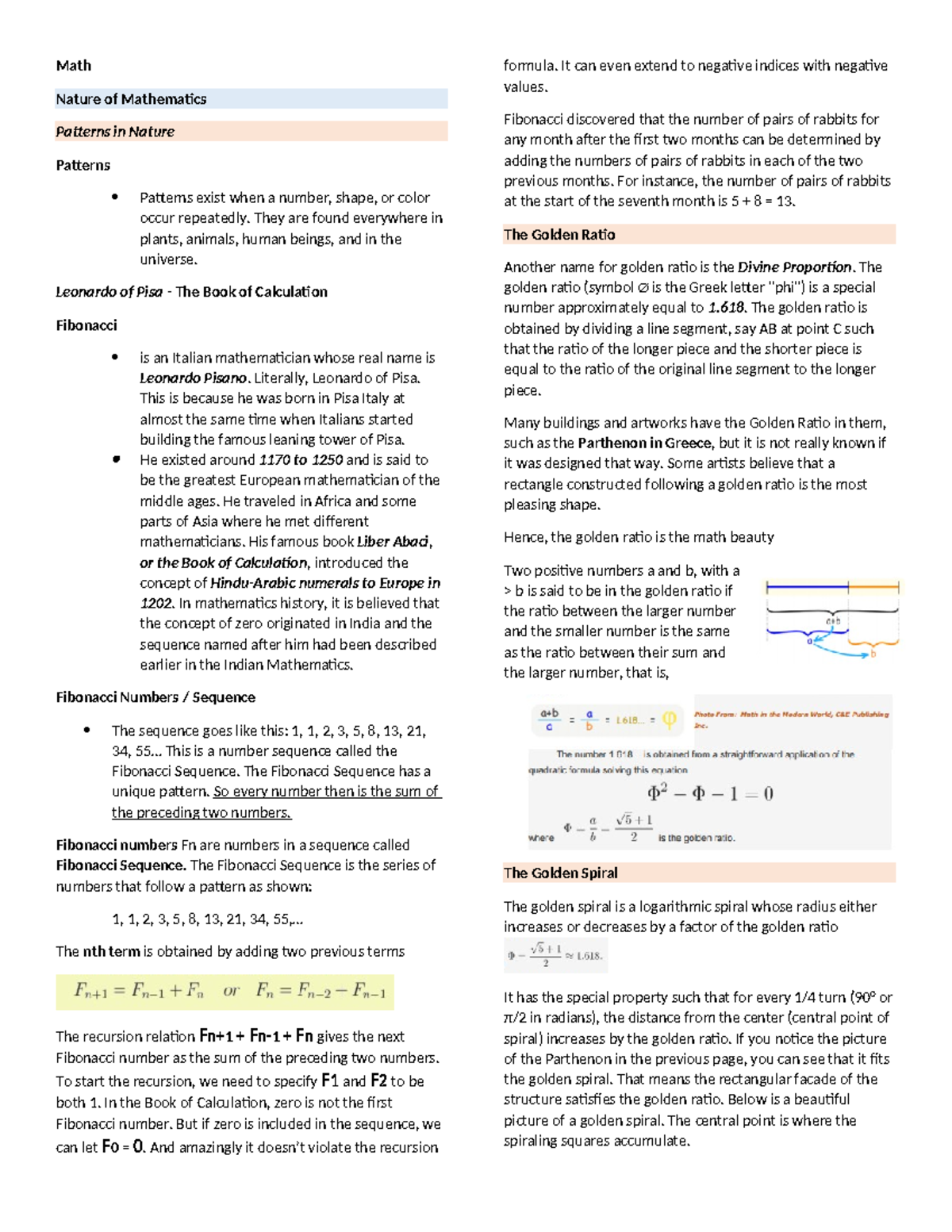 Math - notes - Math Nature of Mathematics Patterns in Nature Patterns ...