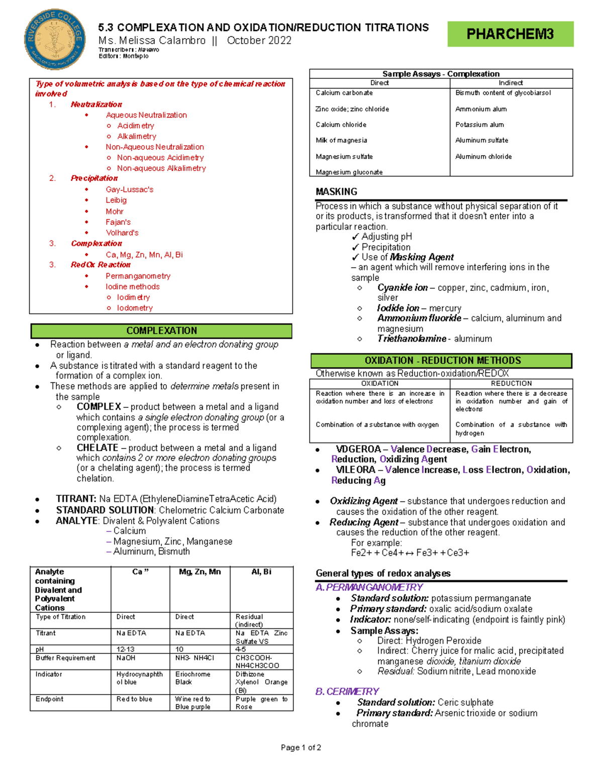 5.3 Complexation & Redox Titration Methods - PHARCHEM 2022 - Studocu