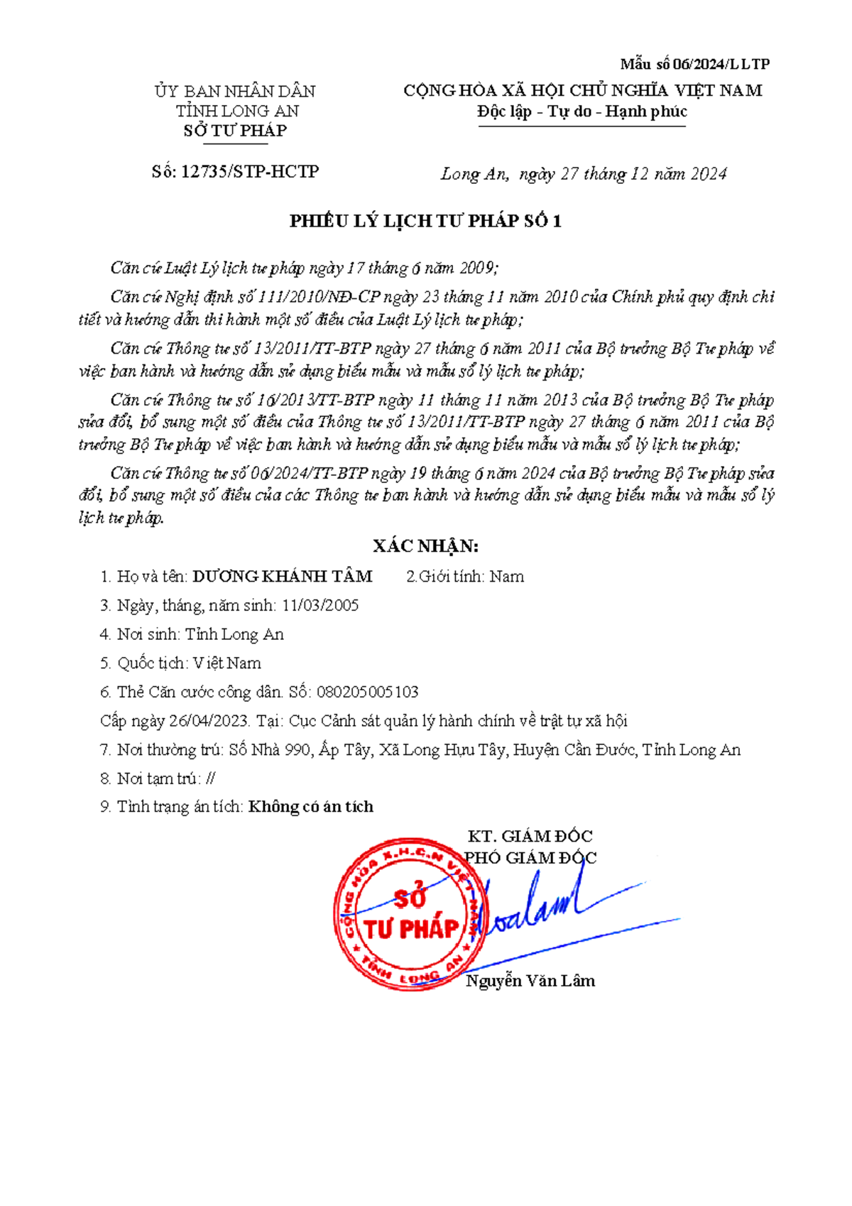 Mẫu Lý Lịch Tư Pháp Số 06/2024/LLTP: Xác Nhận Thông Tin Cá Nhân - Studocu