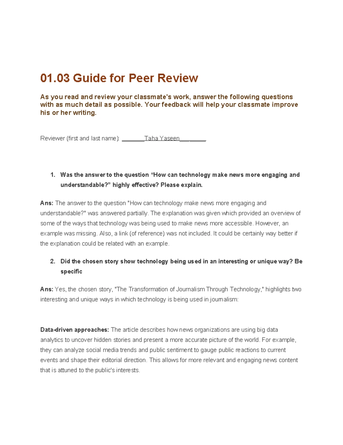 Collaboration Reflection Worksheet: Peer Review Insights and ...