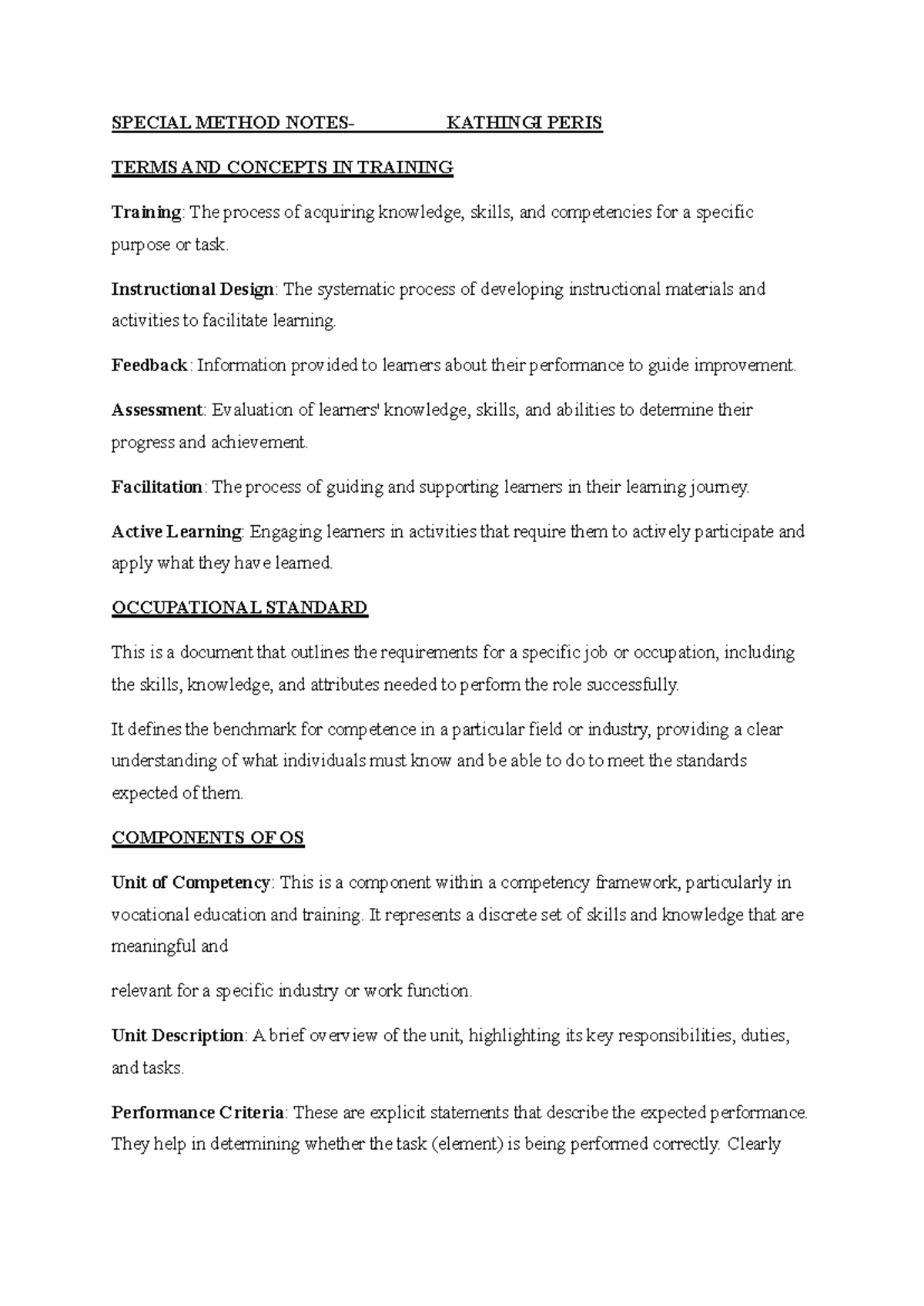 Special Method KATHINGI PERIS: Key Terms & Concepts in Training - Studocu