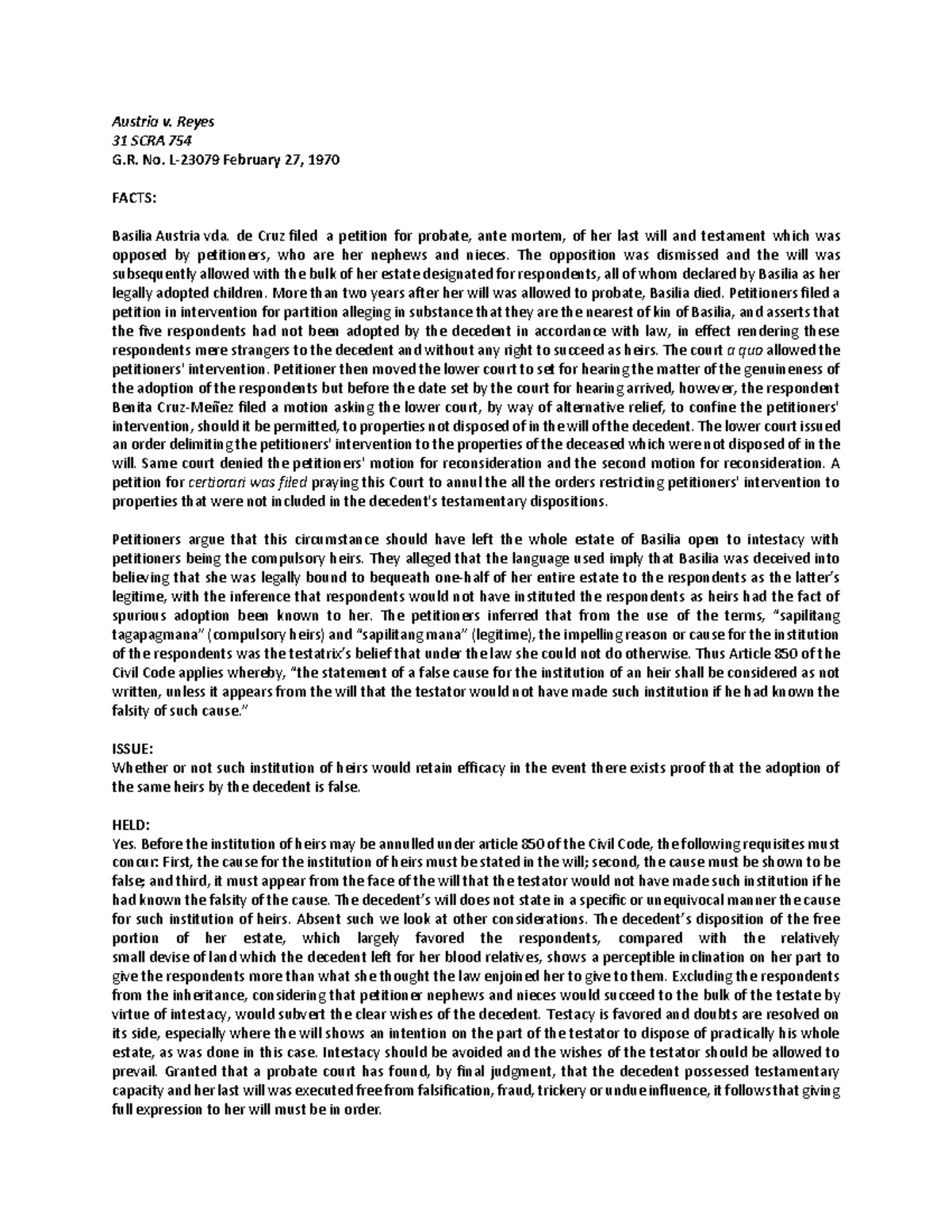 Probate Case Study: Austria v. Reyes (G.R. No. L-23079) Analysis - Studocu