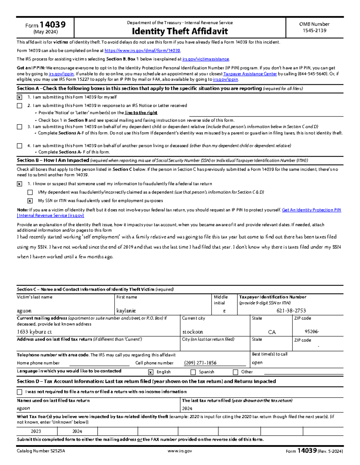 Form 14039 Identity Theft Affidavit Instructions (May 2024) - Studocu