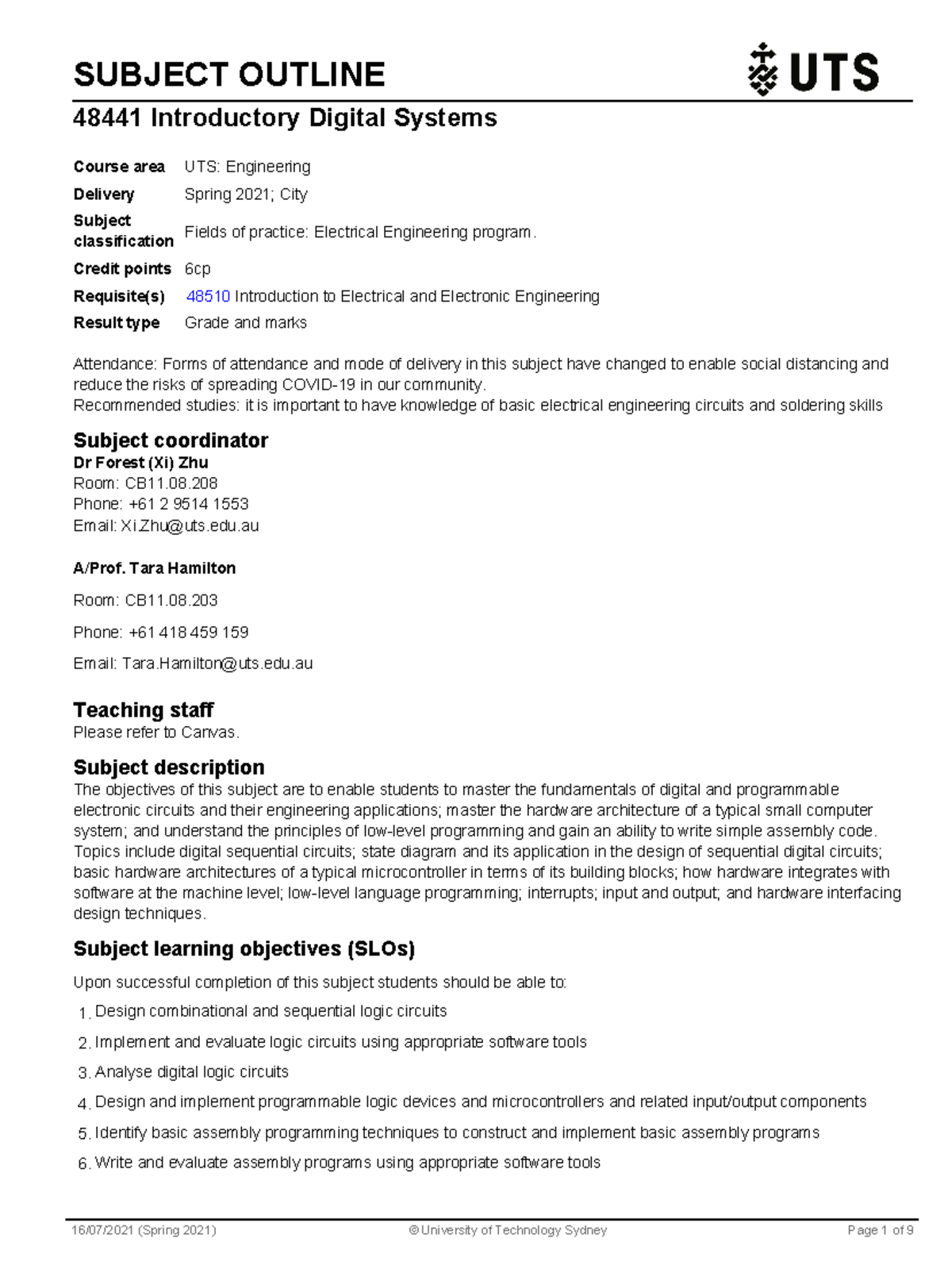 Subject Outline: 48441 Intro to Digital Systems (Spring 2021) - Studocu