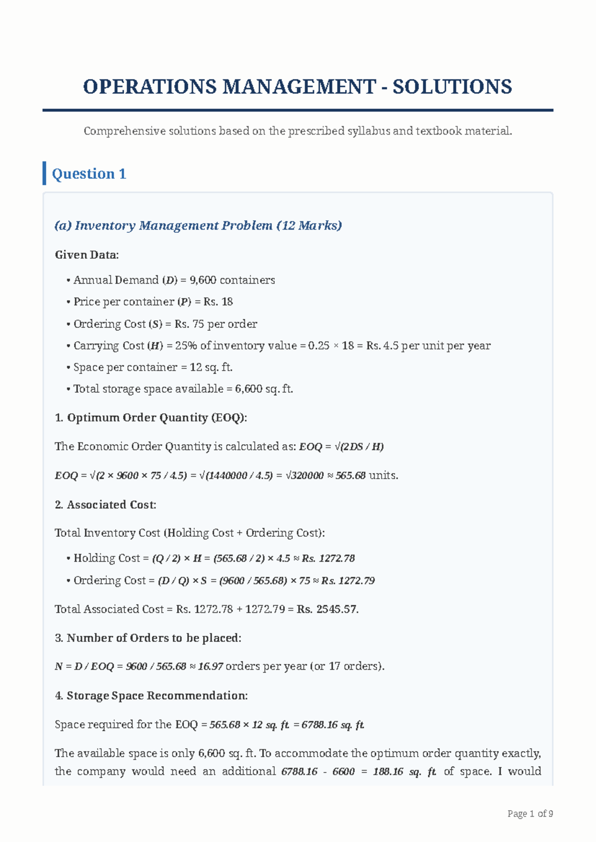 Fresh Look at Operations Management Solutions Eoq Layout And Capacity Planning