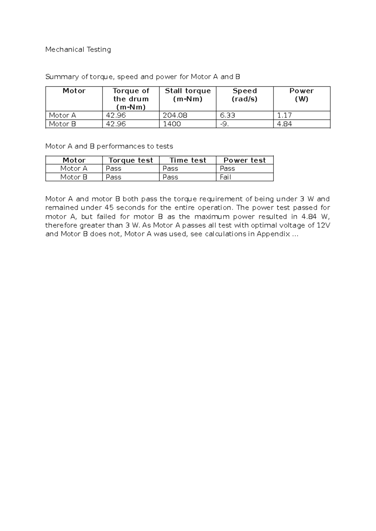 MECH 101: Mechanical Testing Summary of Motor A & B Performance - Studocu