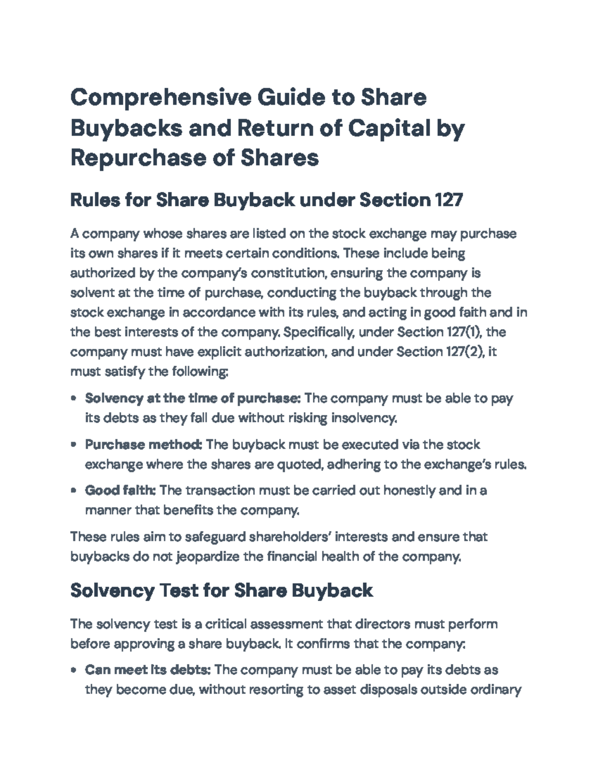 Comprehensive Guide to Share Buybacks: Corporate Law Regulations - Studocu