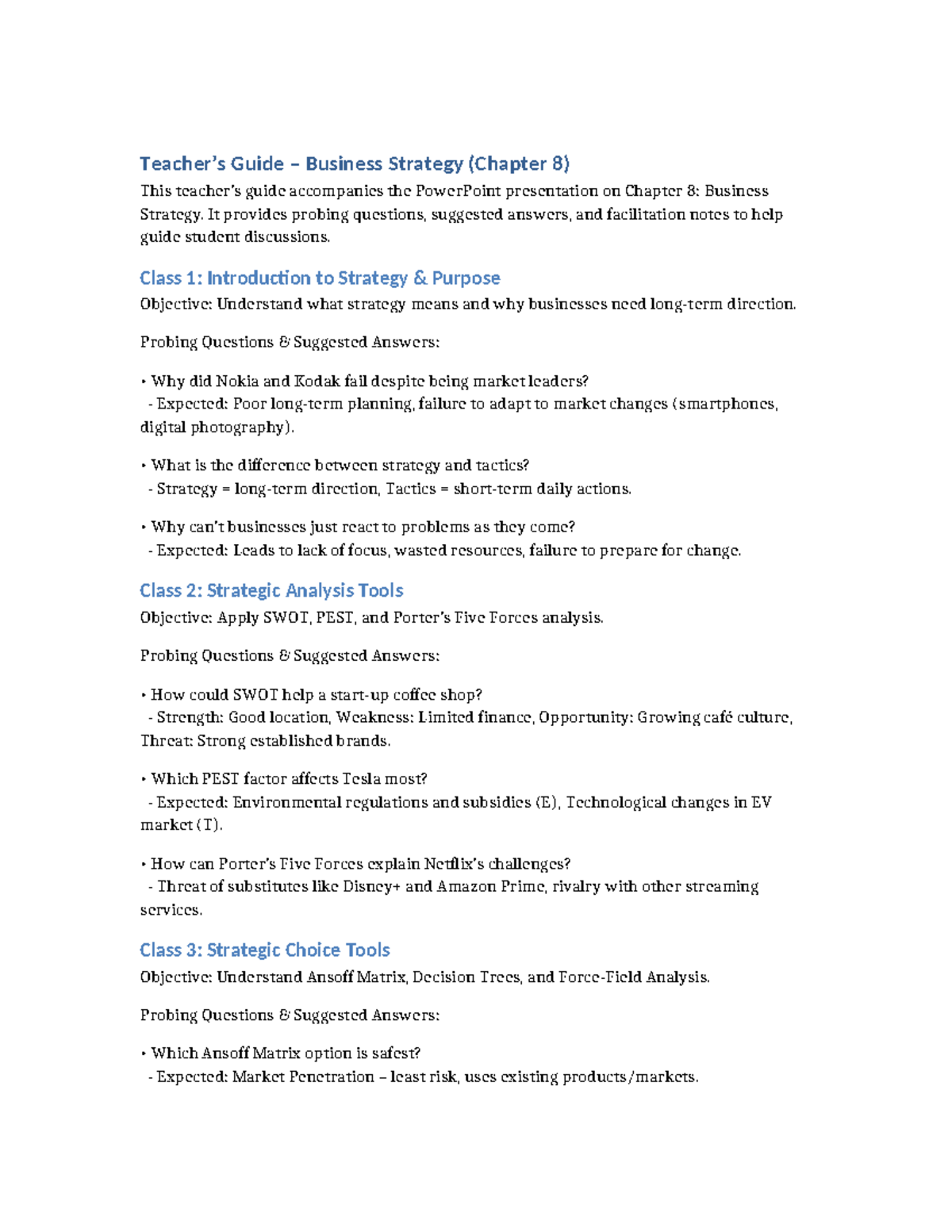 Teachers Guide to Business Strategy (Chapter 8) - Studocu
