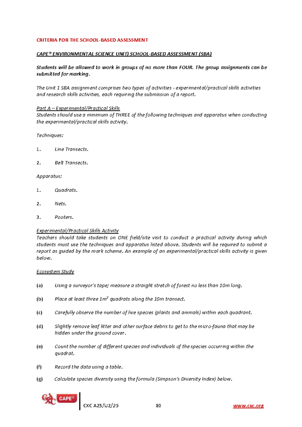 Unit 1 SBA Guidelines for Environmental Science (CXC 2026) - Studocu