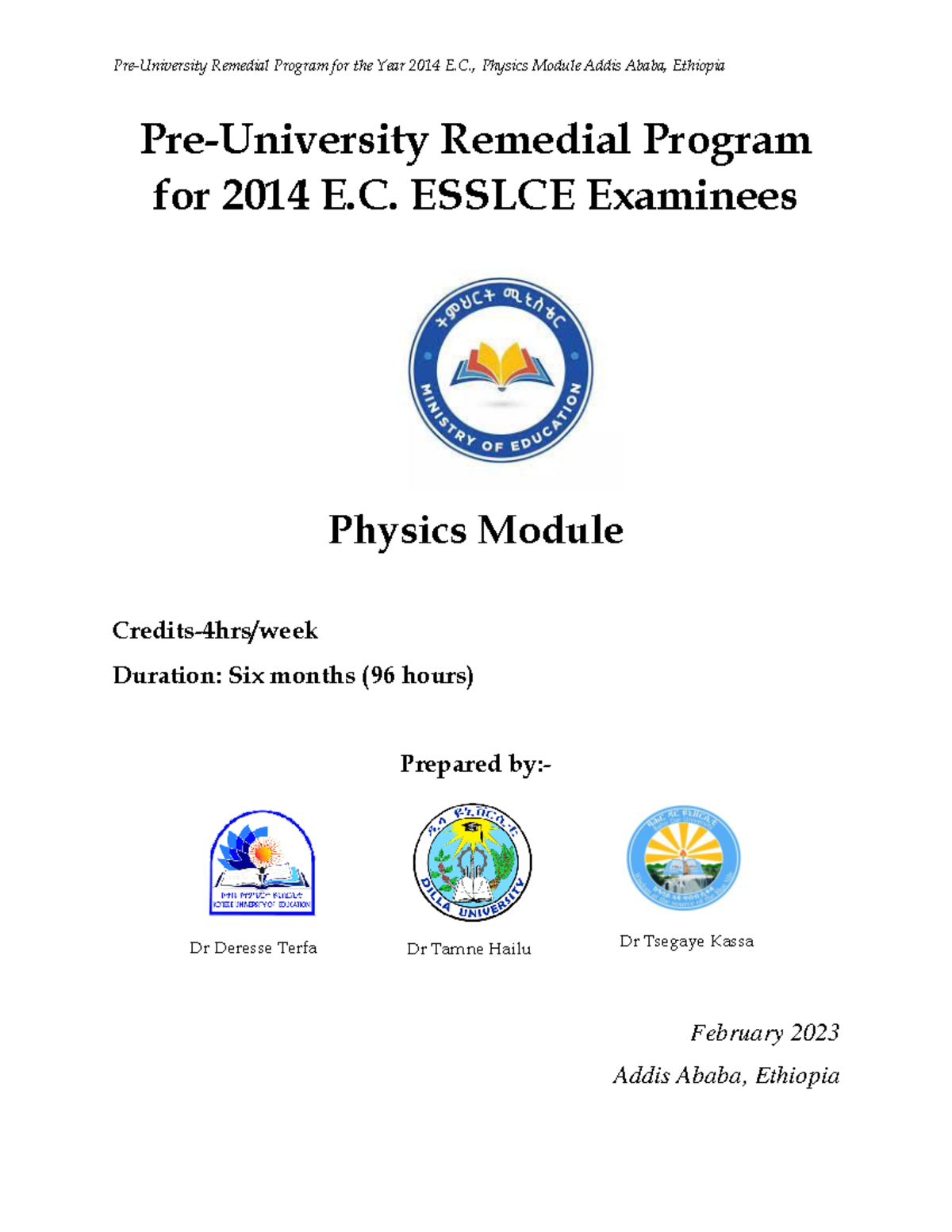 Remedial Physics Program for 2014 E.C. - Addis Ababa Module - Studocu