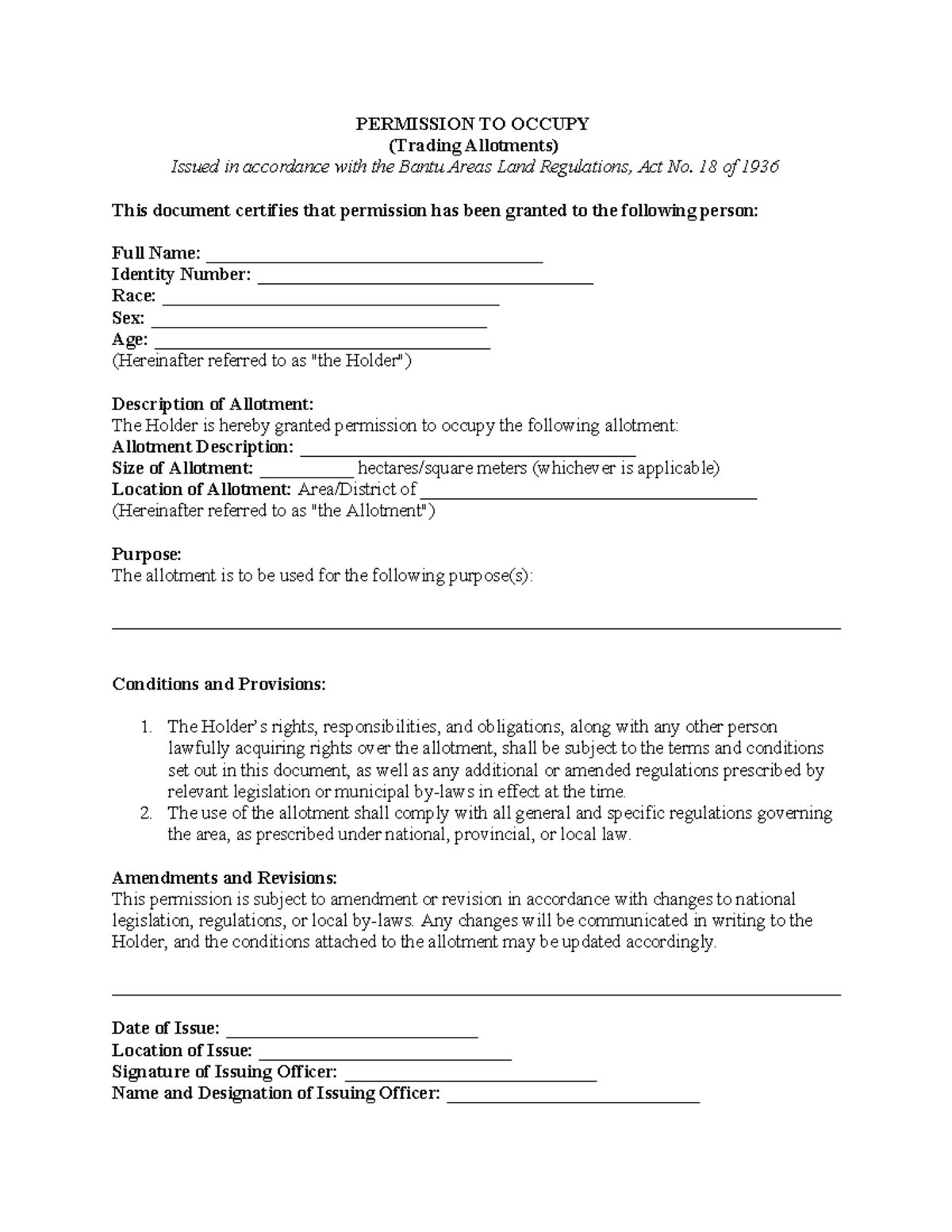 Permission TO Occupy - N/A - PERMISSION TO OCCUPY (Trading Allotments ...