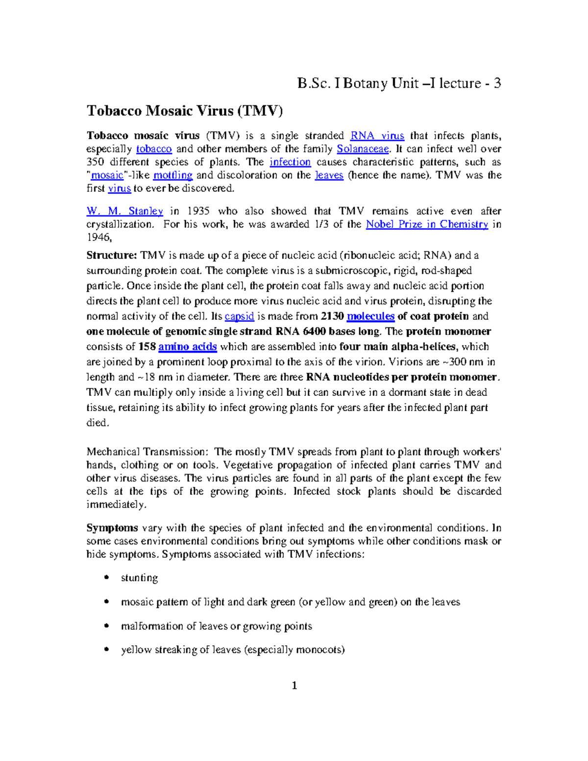 LBC-101 Unit 1 Lecture 6: Tobacco Mosaic Virus (TMV) Overview - Studocu