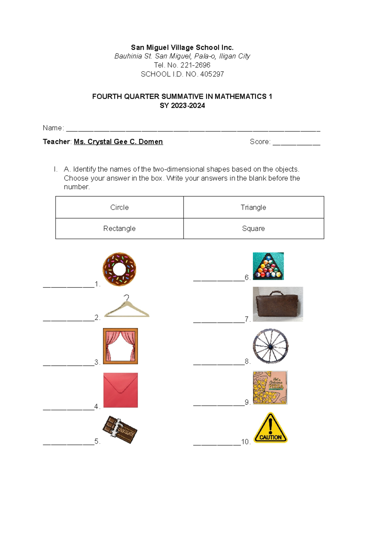 MATH 1 Fourth Quarter Summative Assessment 2023 - Studocu