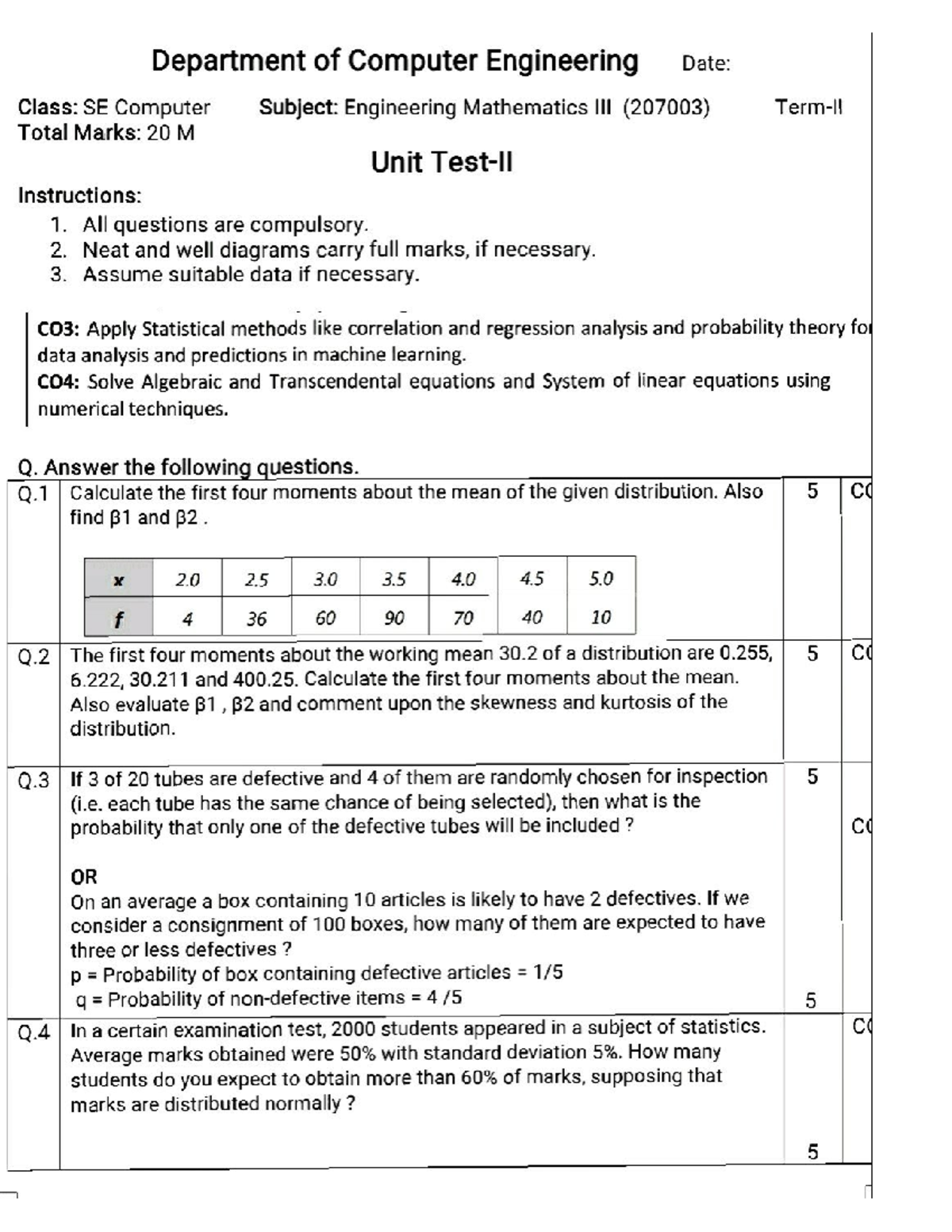 Mathematics III 2&3 Unit Test (207003): Statistical Methods & Analysis ...