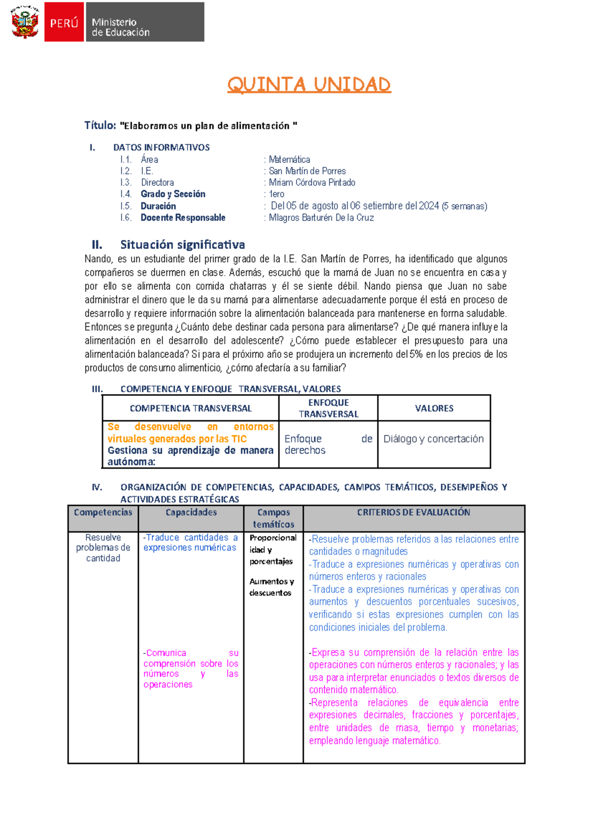 Unidad 5: Plan de Alimentación en Matemáticas - 1ER Grado 2024 - Document Preview