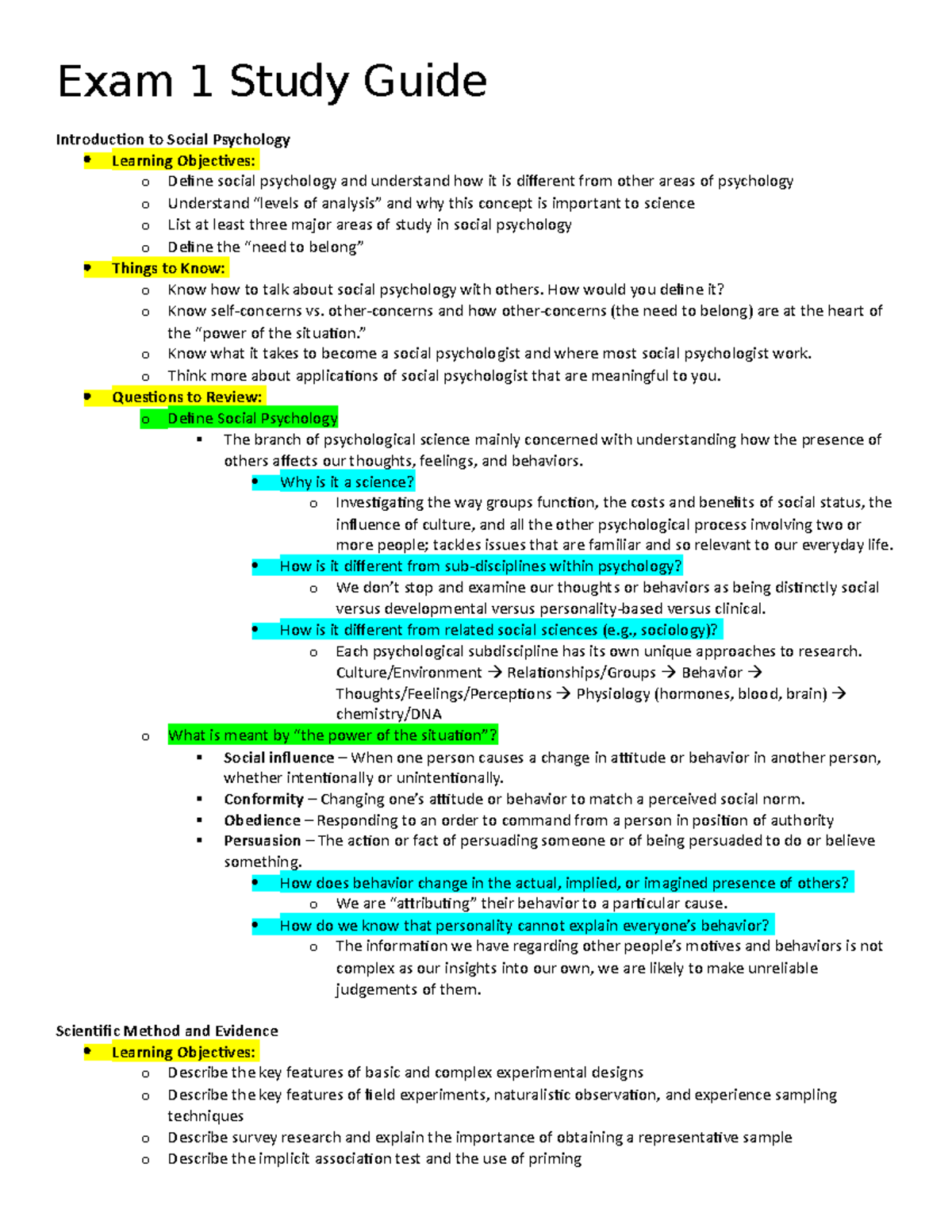 PSY 101 Exam 1 Study Guide: Key Concepts in Social Psychology - Studocu