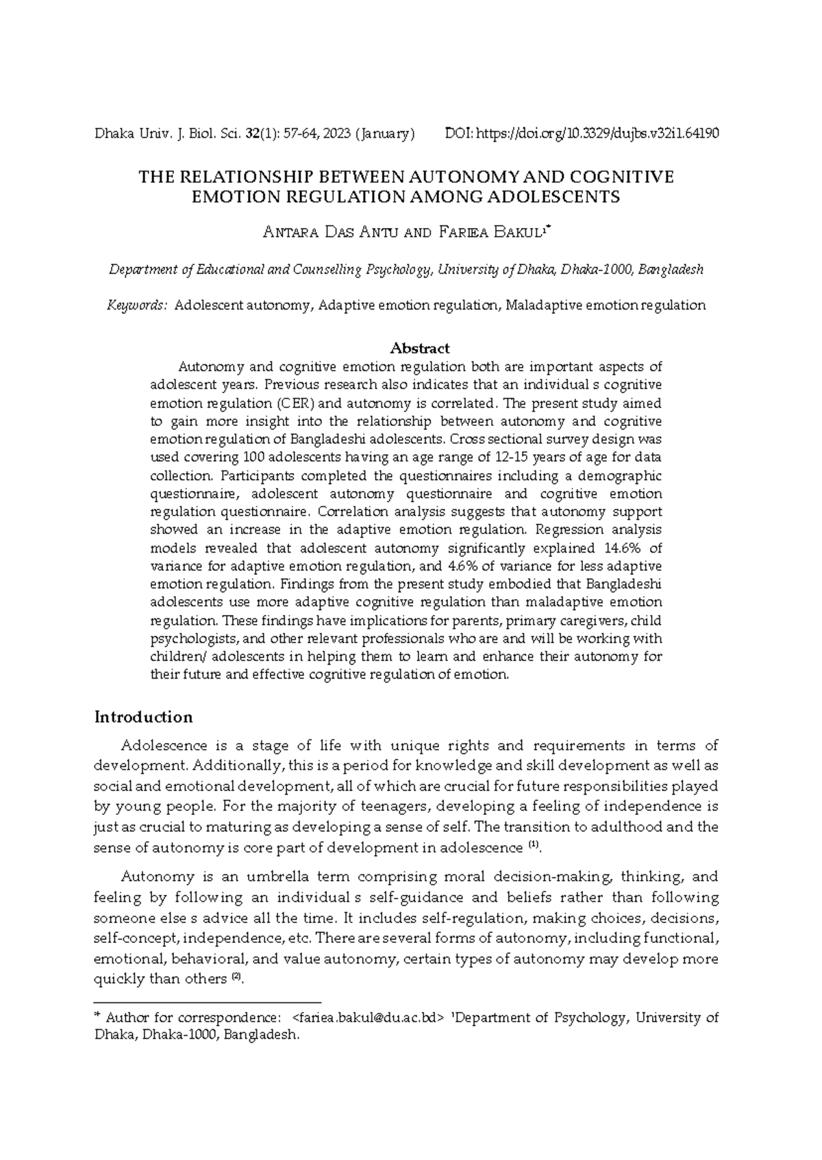 The relationship between autonomy and cognitive emotion regulation ...
