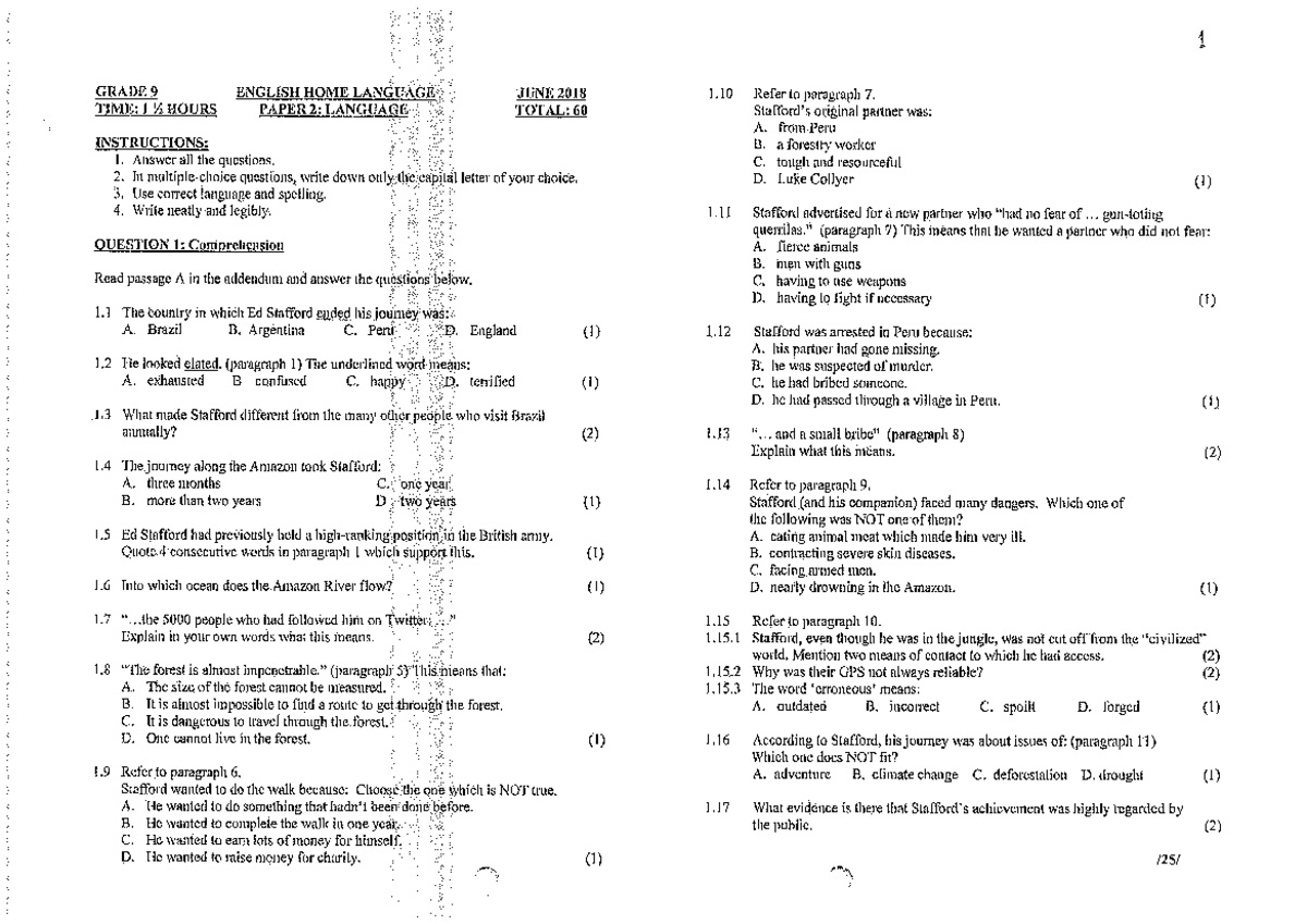 GRADE 9 ENGLISH HOME LANGUAGE PAPER 2: JUNE 2018 EXAMINATION - Studocu