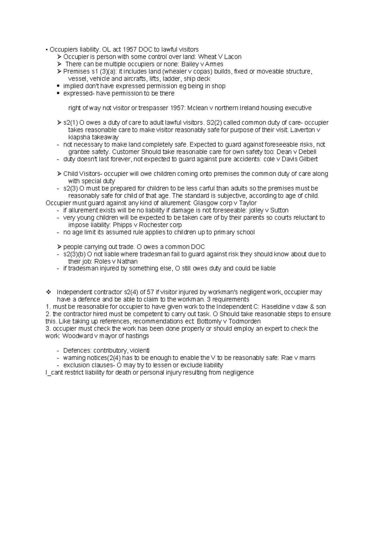 A-level OCR Tort Law: Occupier's Liability 1957 Act AO1 Notes - Studocu