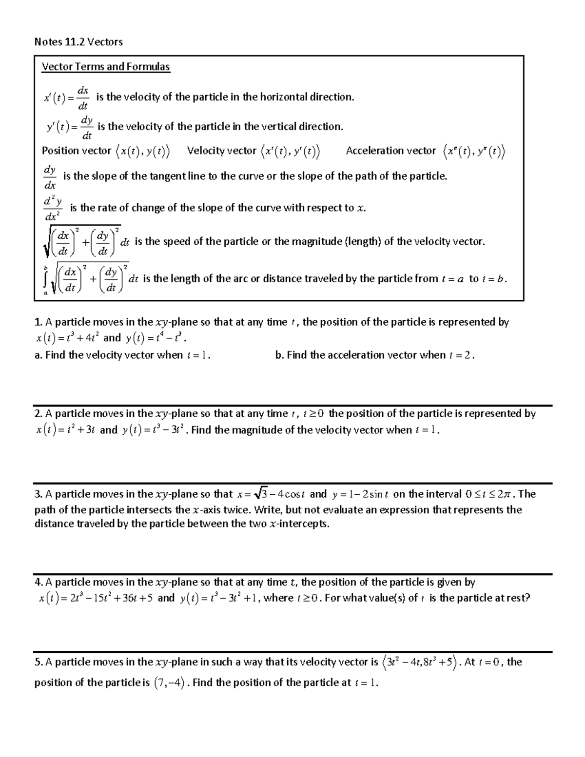 11.2 Vectors: Key Terms and Formulas for Particle Motion - Studocu