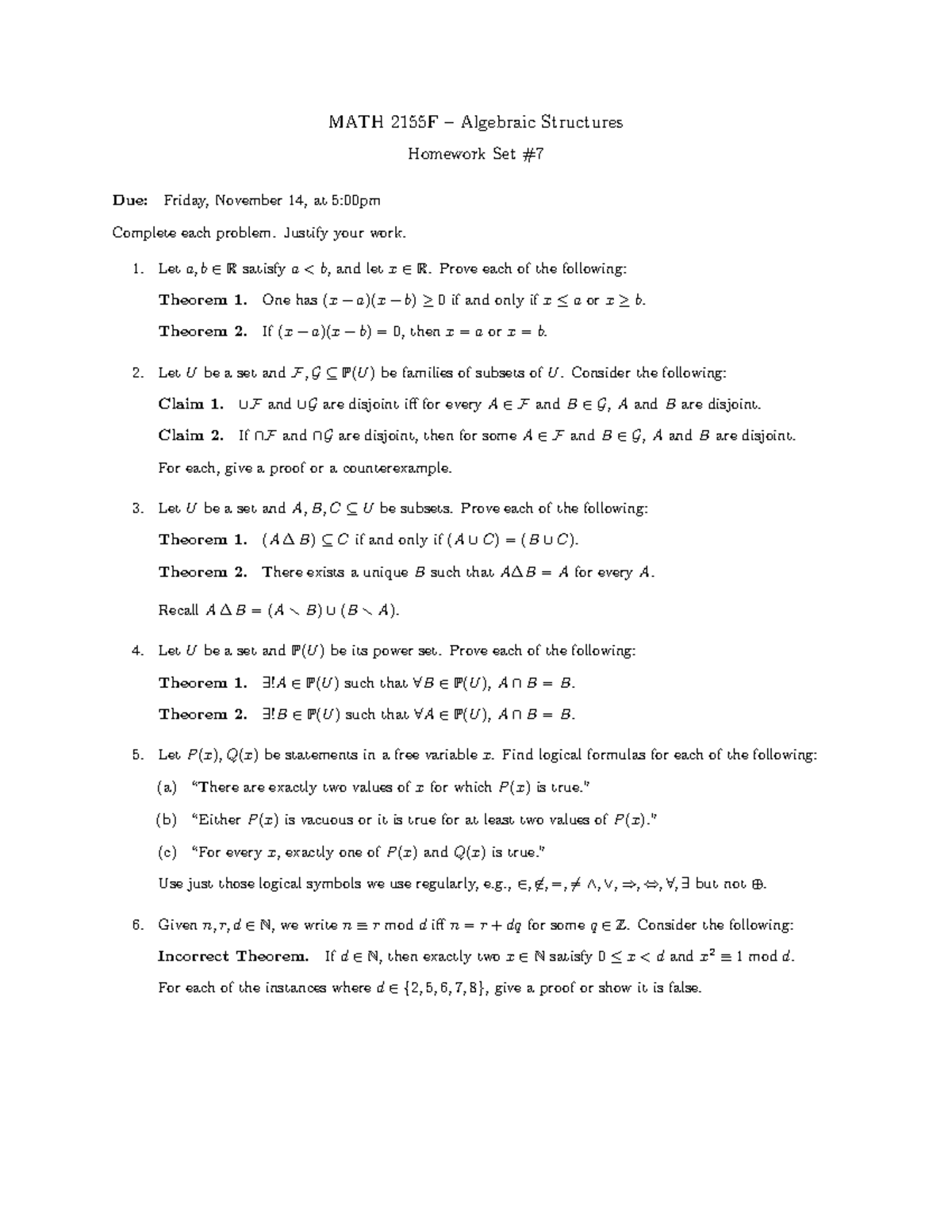 MATH 2155F Algebraic Structures Week 7 Homework Assignment - Studocu