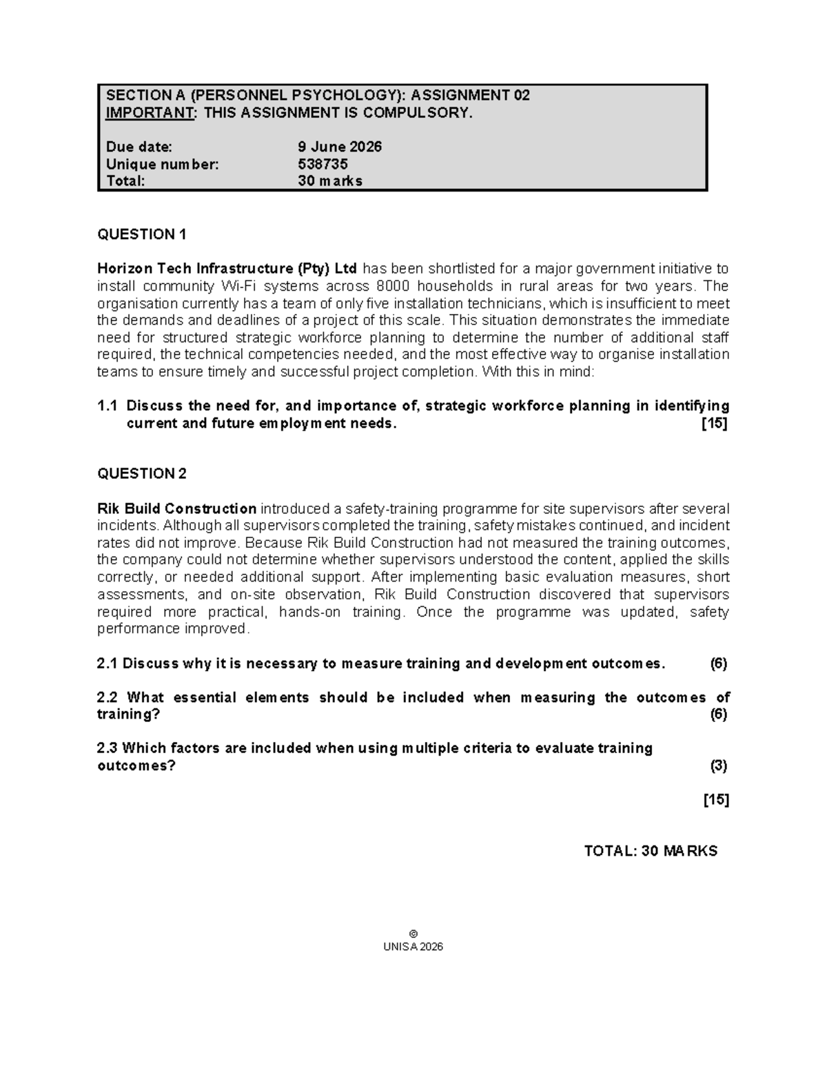 IOP4863: Assignment 02 on Strategic Workforce Planning & Training ...
