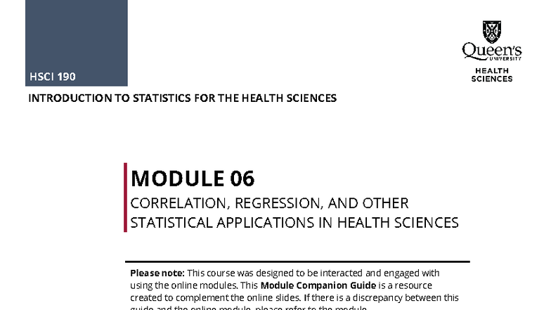 HSCI 190 Module 06 Companion Guide: Correlation & Regression in Health ...