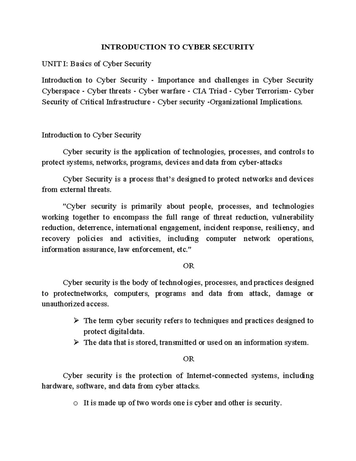 Introduction TO Cyber Security - INTRODUCTION TO CYBER SECURITY UNIT I ...