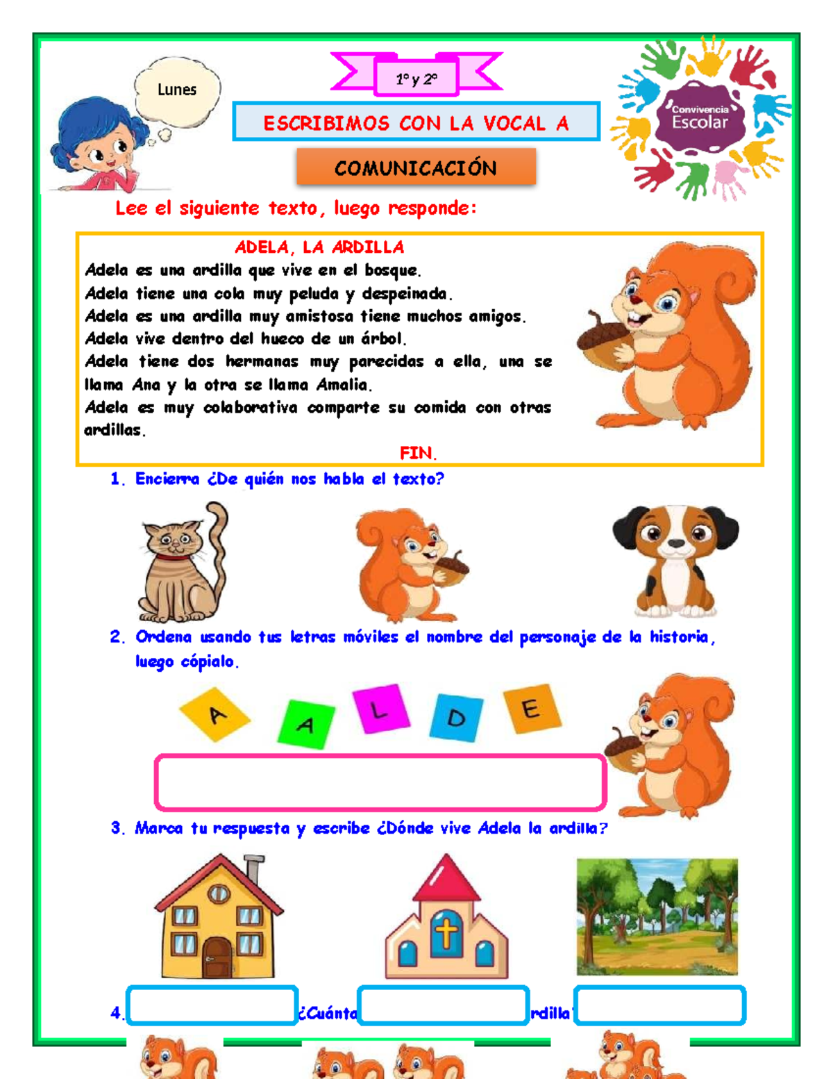 1° y 2° Adicional: Actividades con la Vocal A - Adela, la Ardilla - Studocu