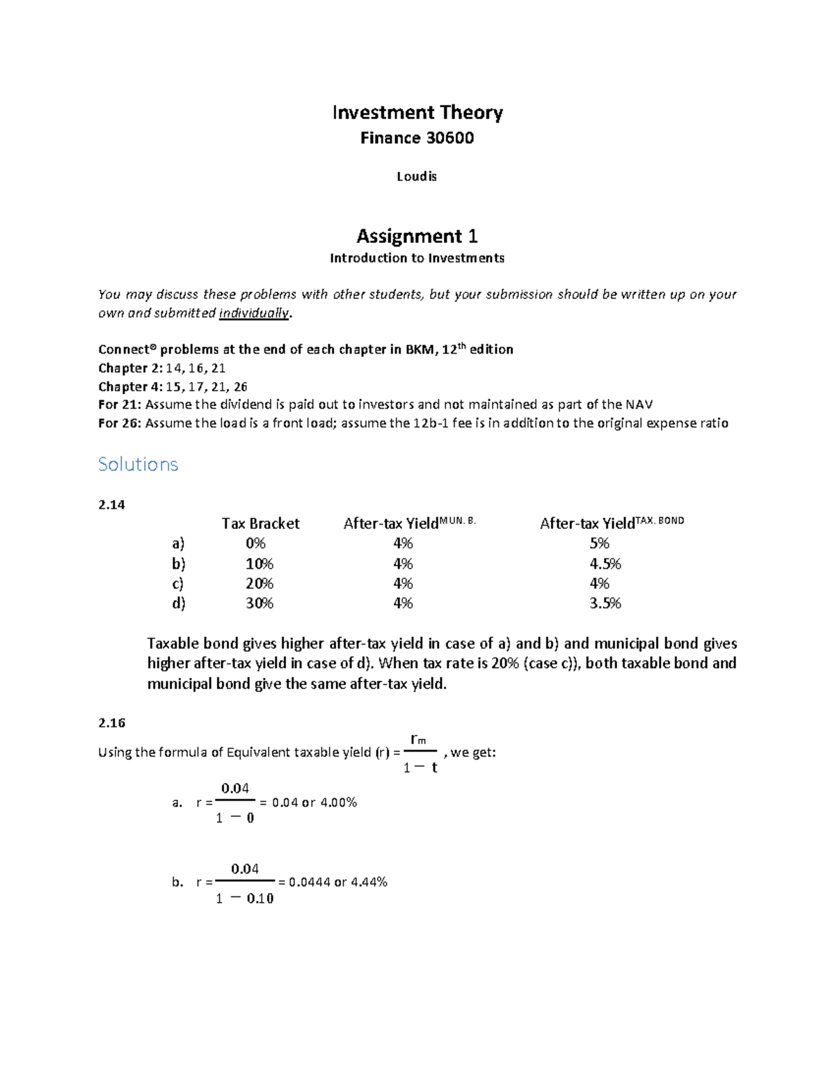 Assignment 1 - FIN 30600 - Solutions - Investment Theory Finance 30600 ...