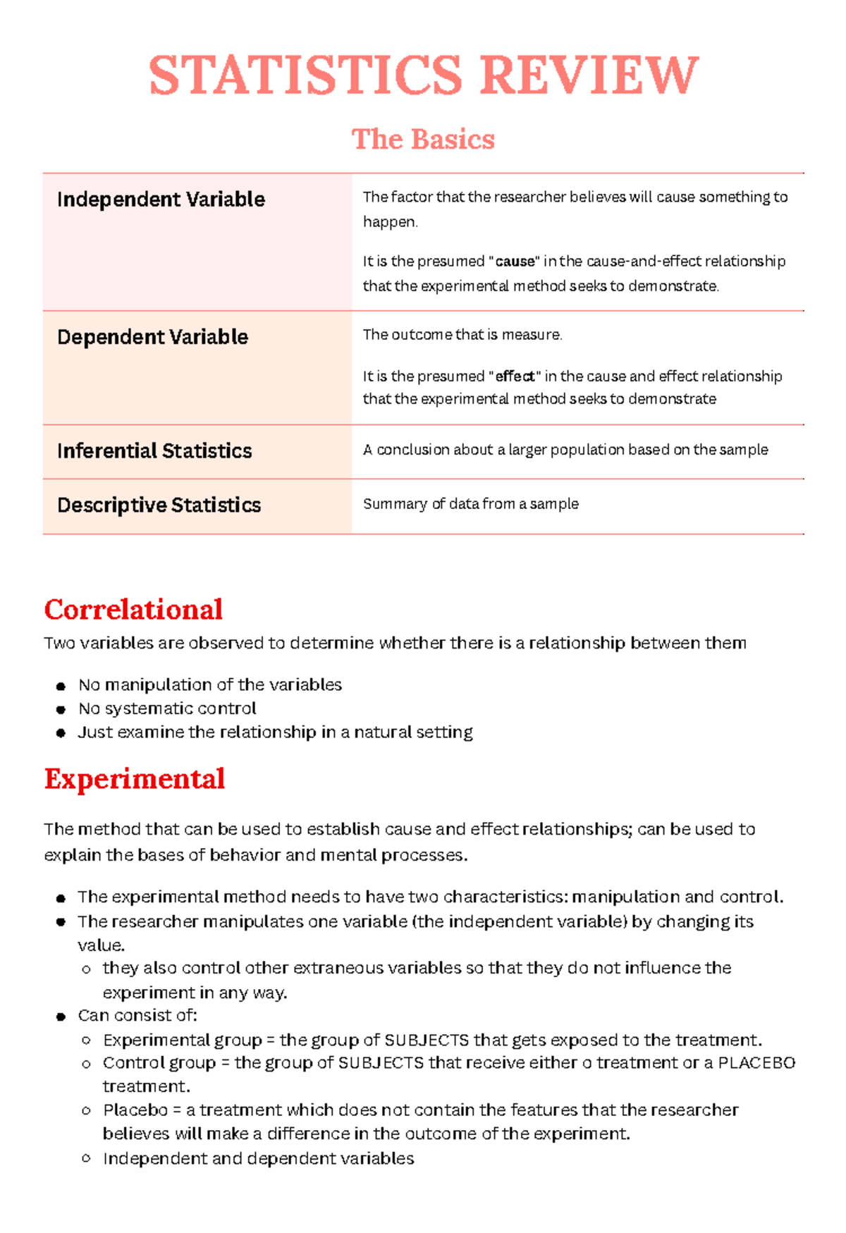 Stats Review - STATISTICS REVIEW The Basics Correlational Two variables ...
