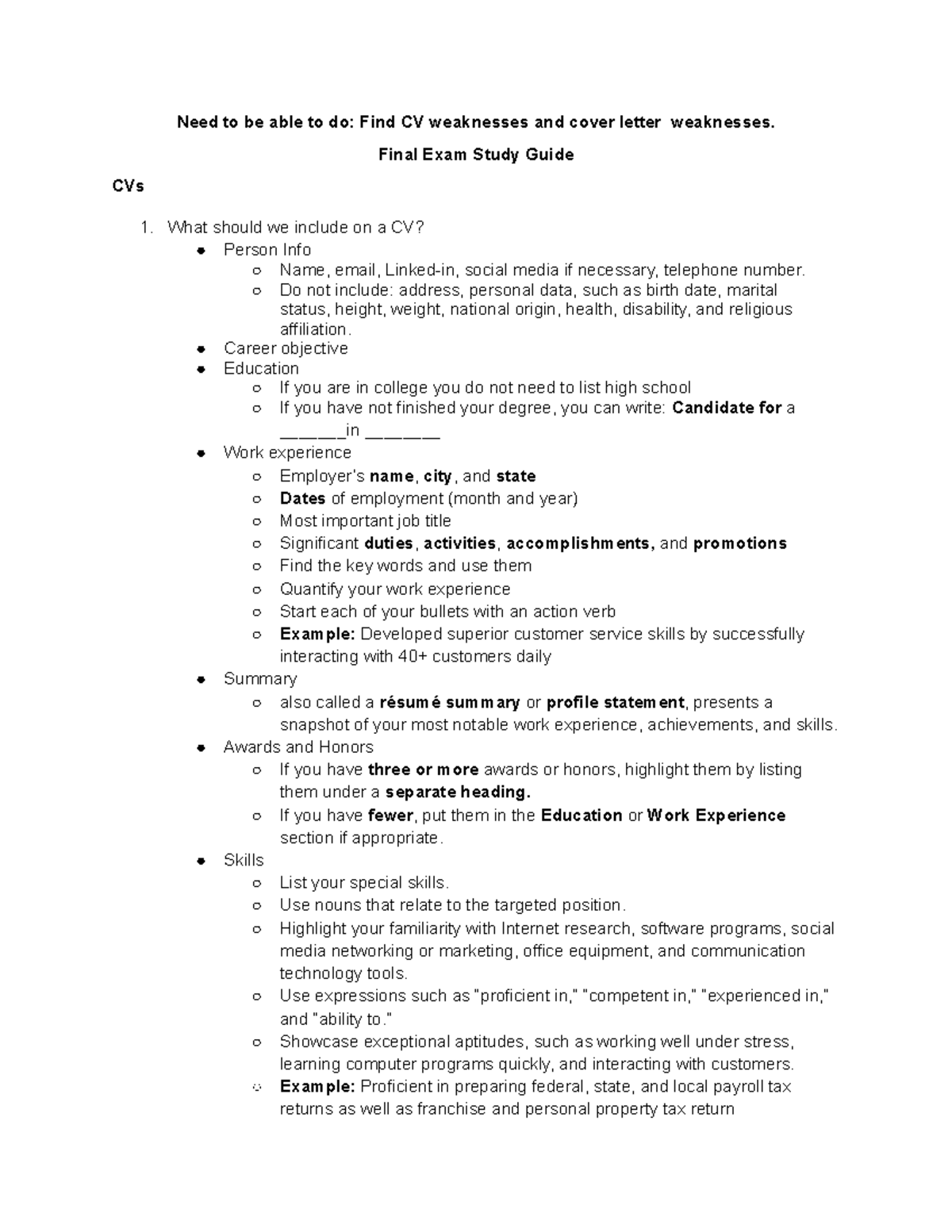 English final review - Need to be able to do: Find CV weaknesses and ...