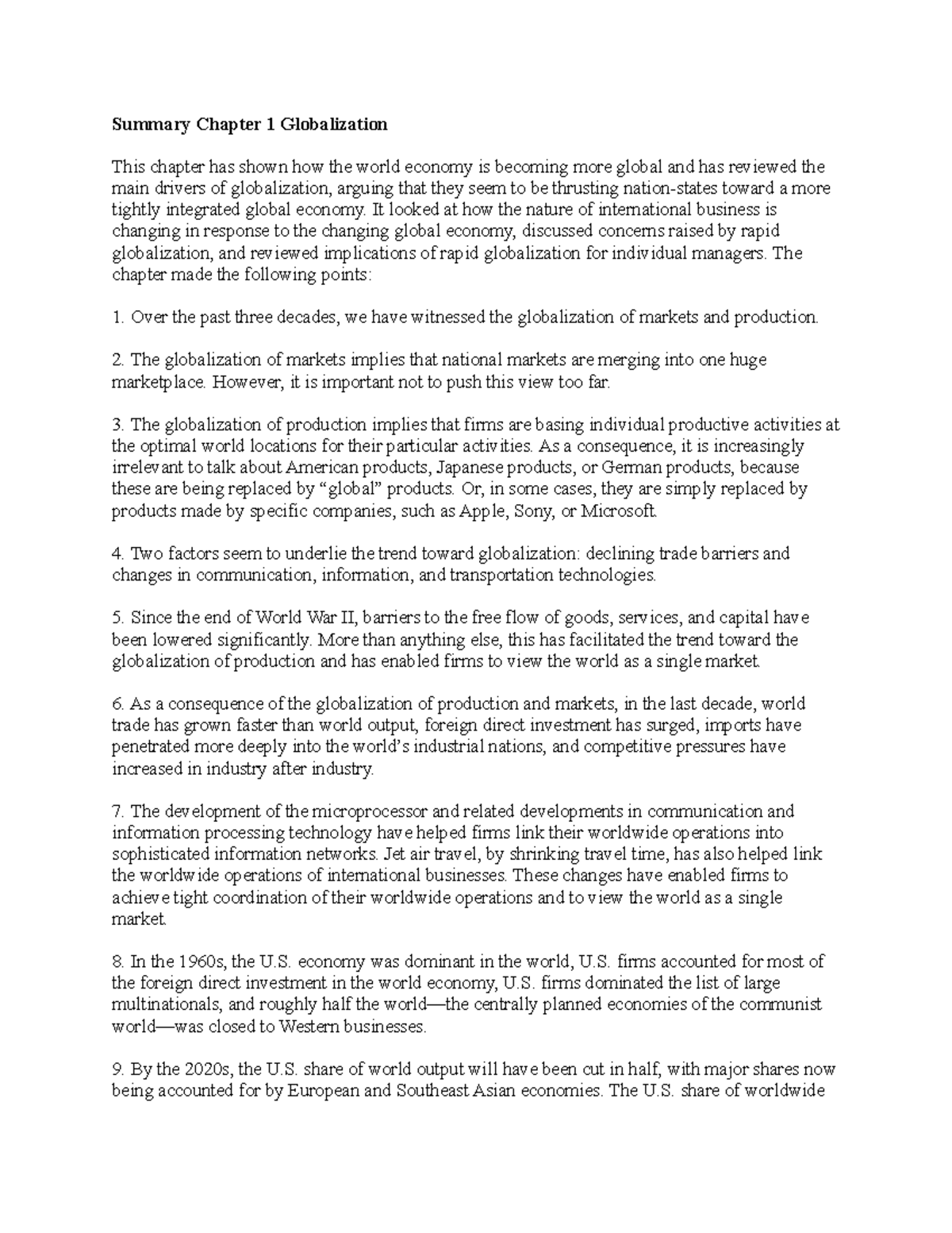 Summary of Chapter 1: Globalization and Its Impacts on Business - Studocu