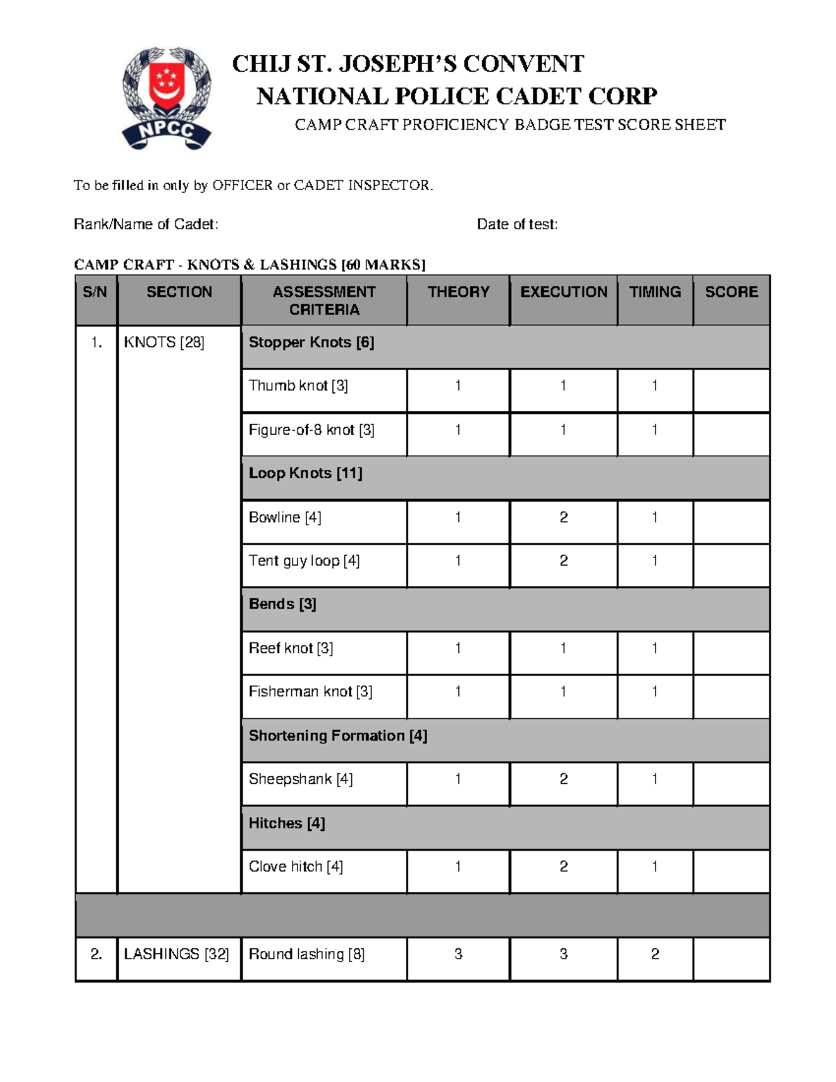 CHIJ SJC NPCC Campcraft Assessment - Practical - NATIONAL POLICE CADET ...