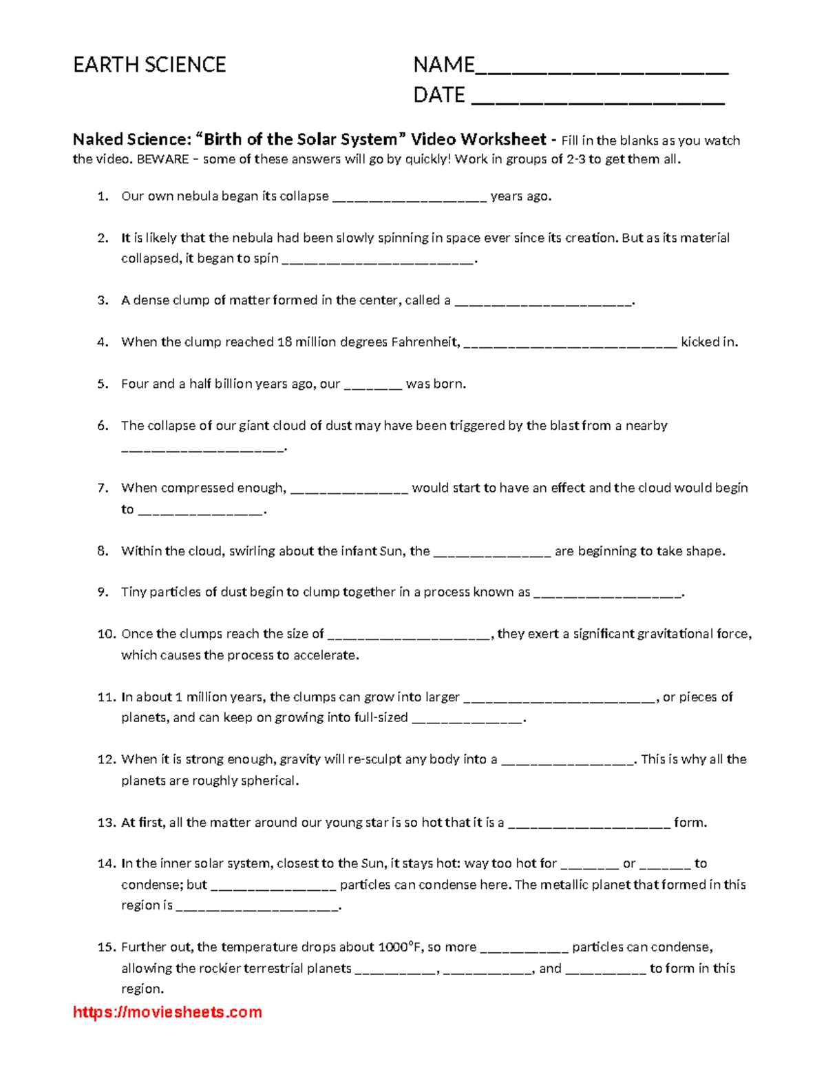 Earth Science 774683732: Birth of the Solar System Video Worksheet ...