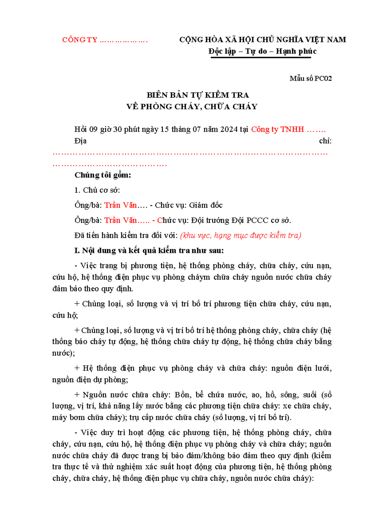 BIÊN BẢN TỰ KIỂM TRA PHÒNG CHÁY, CHỮA CHÁY - MẪU PC02 - Studocu