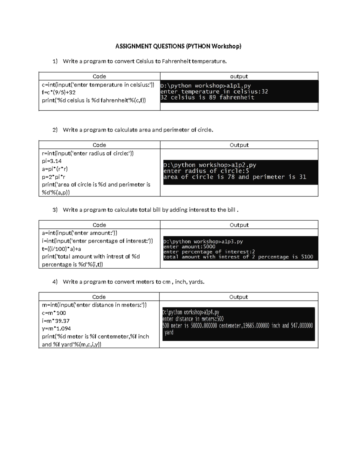 Assignment-questions-python - ASSIGNMENT QUESTIONS (PYTHON Workshop ...