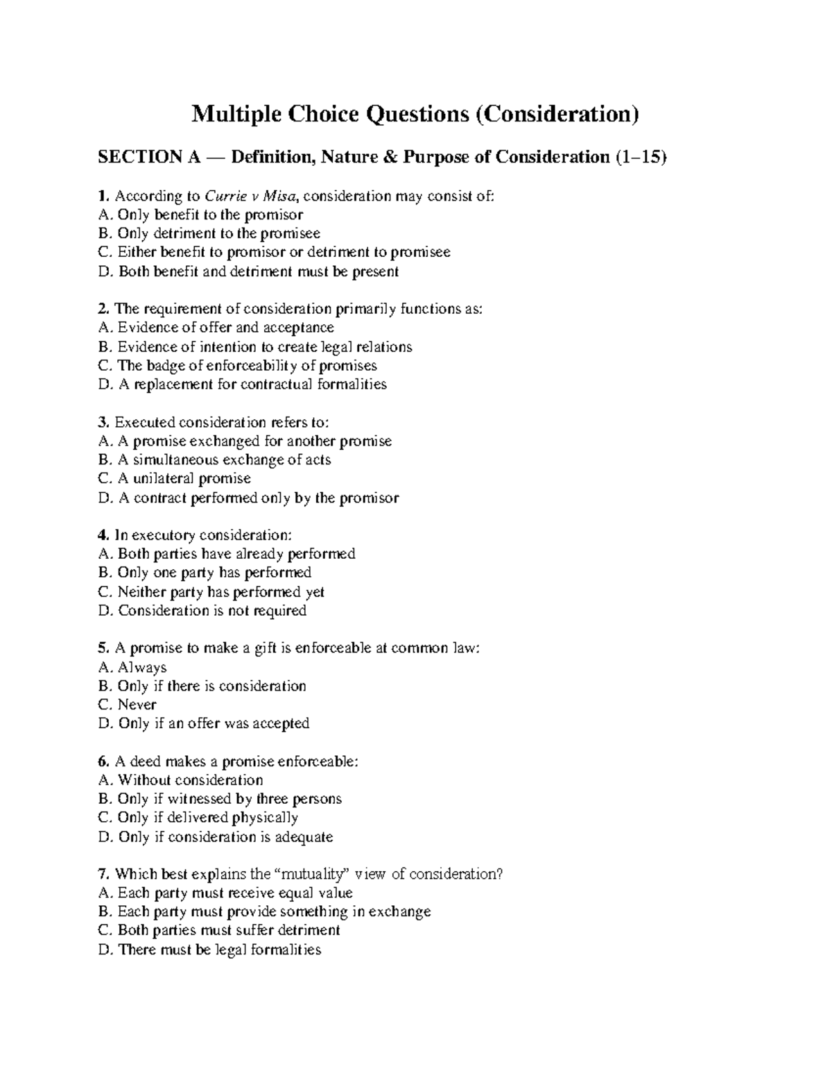 Consideration MCQs (LAW101) - Definition, Nature & Purpose - Studocu
