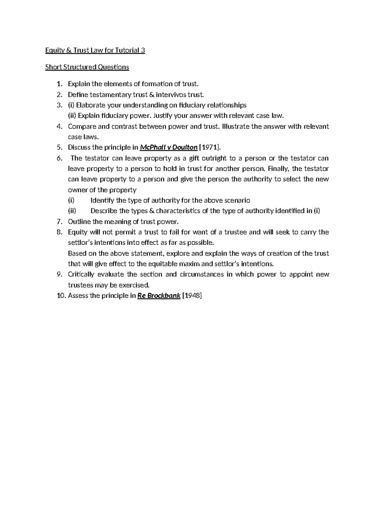 Equity & Trust Law Tutorial 3: Key Concepts & Case Analyses - Studocu