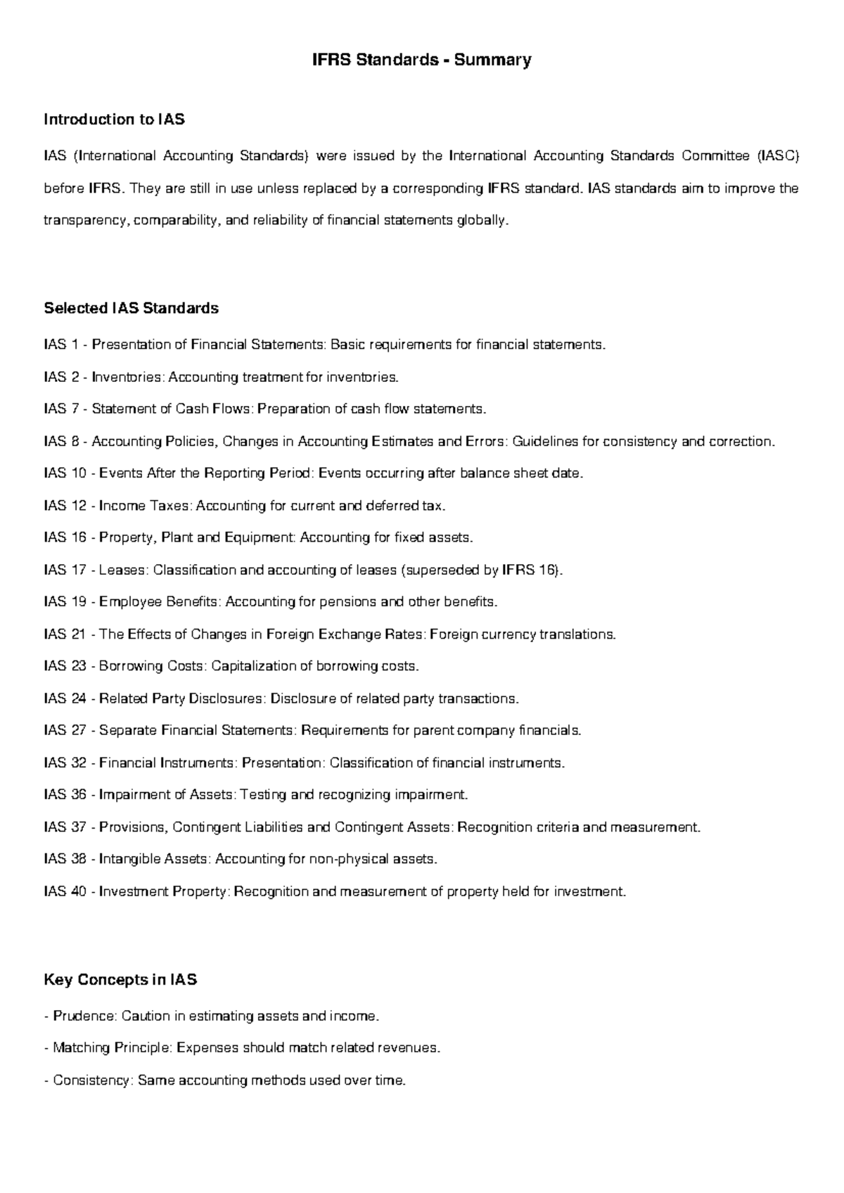 IAS Standards Summary - ABc: Key Concepts and Selected Standards - Studocu