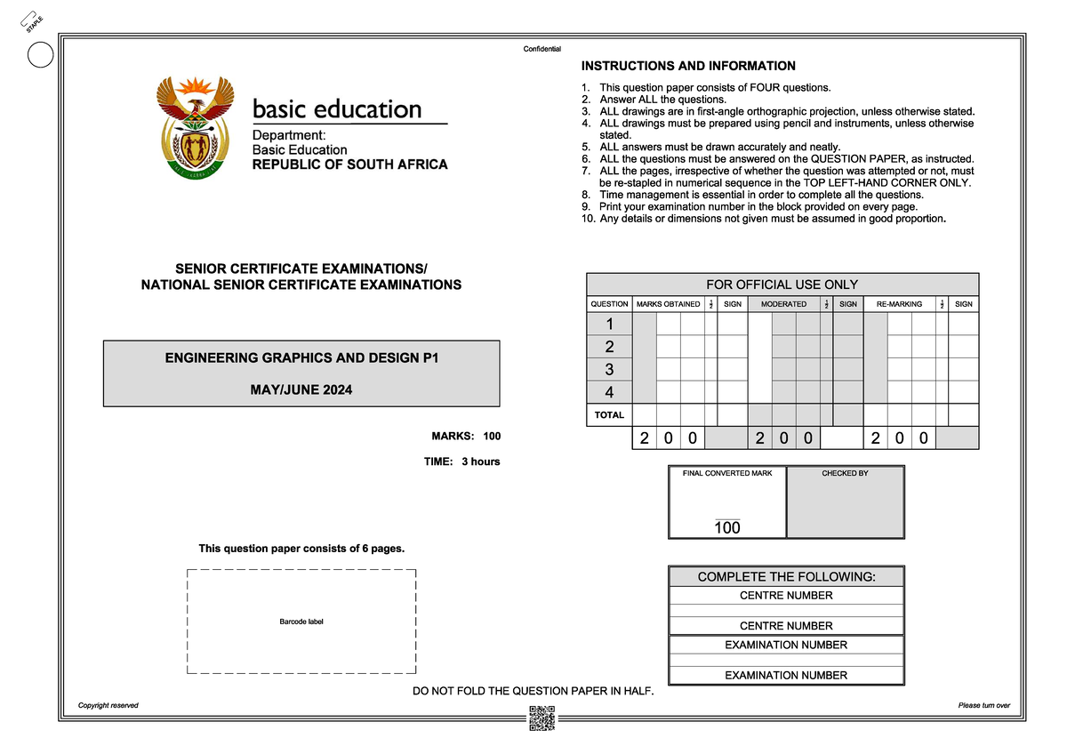 Engineering Graphics & Design P1 Exam Paper May-June 2024 - Studocu