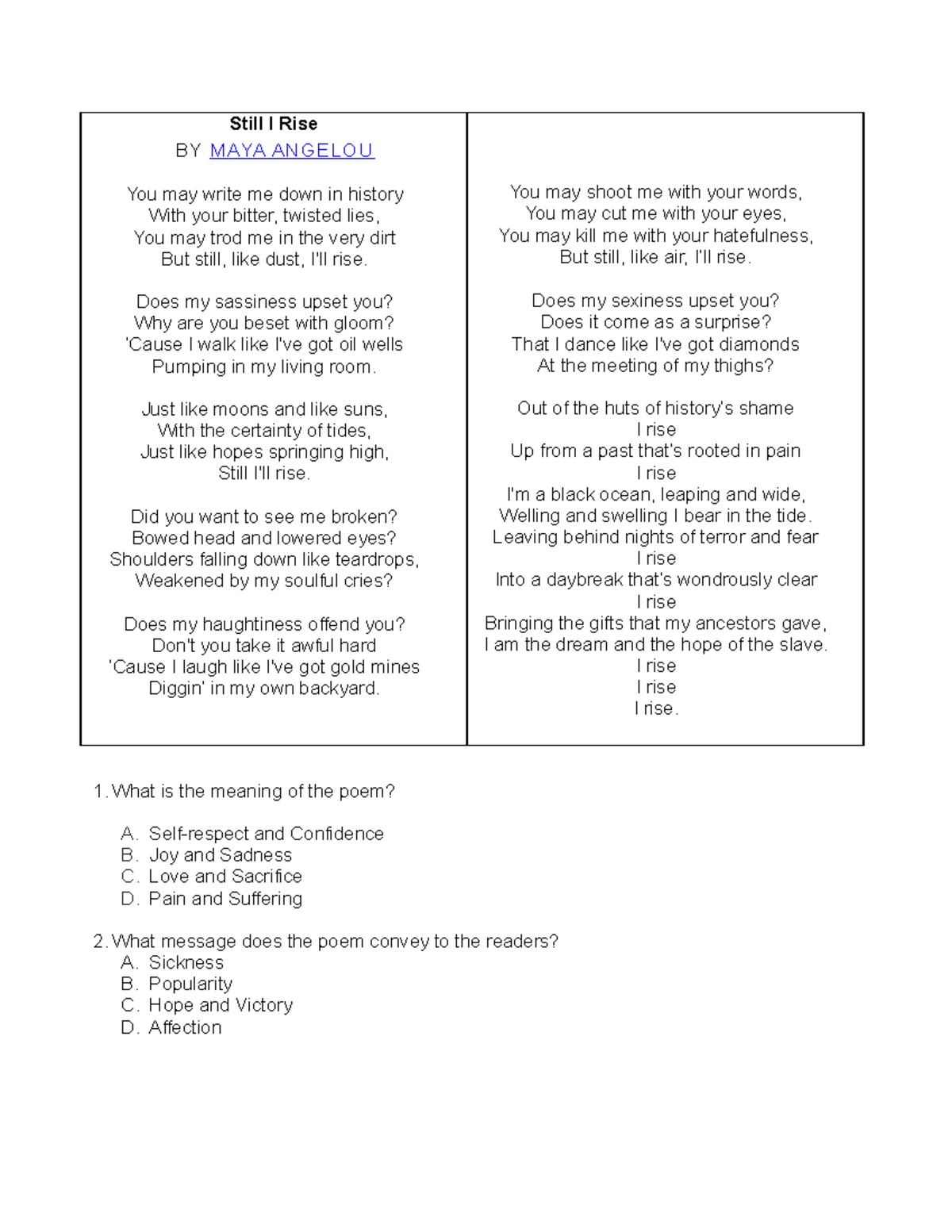 Reading Material for PHIL IRI Grade 11-12: Analysis of Poems - Document Preview